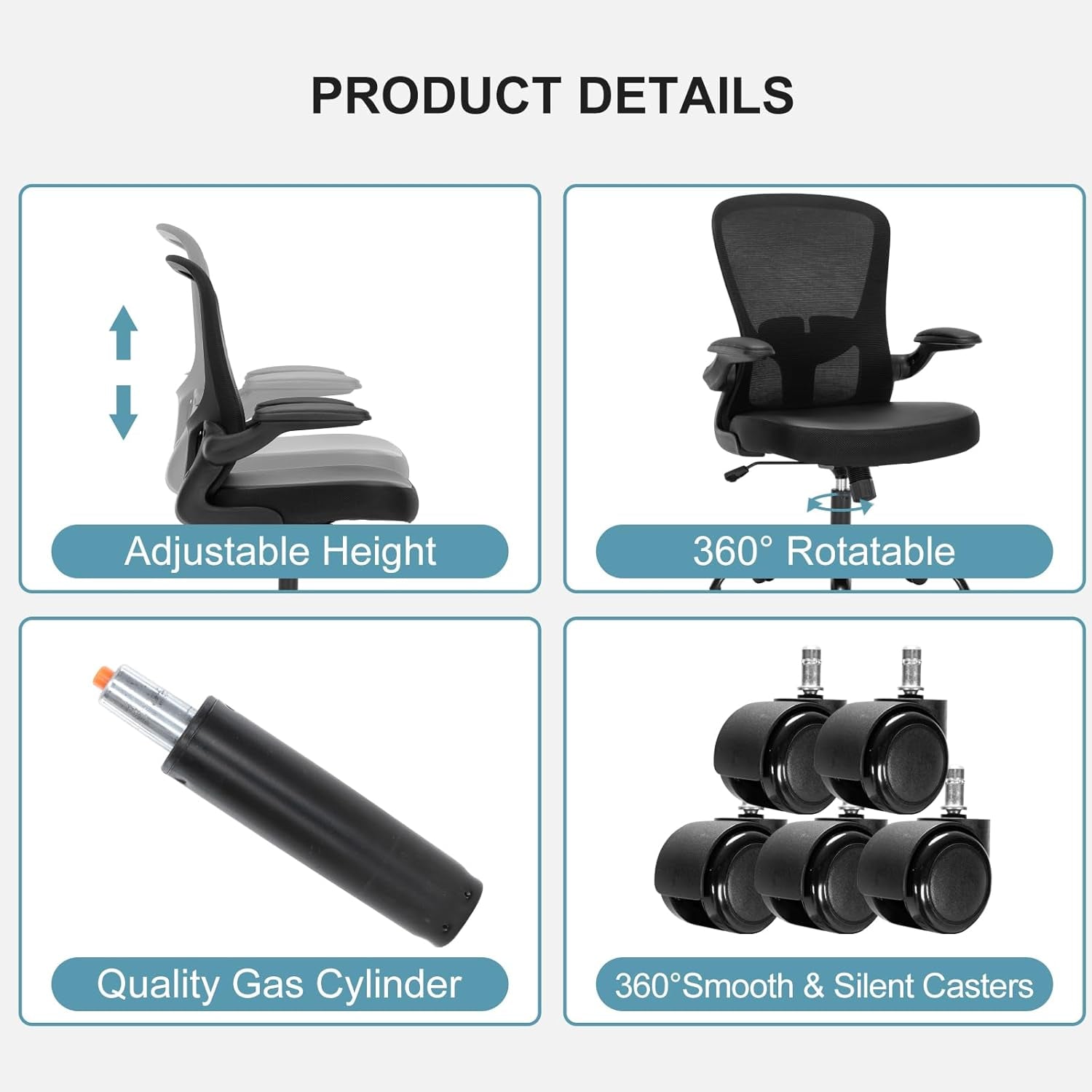 Office Chair, Ergonomic Desk Chair with Flip-Up Armrests, PU Leather Computer Chair Home Office Desk Chairs with Lumbar Support, Mesh Swivel Executive Chair Rolling Task Chair, Black