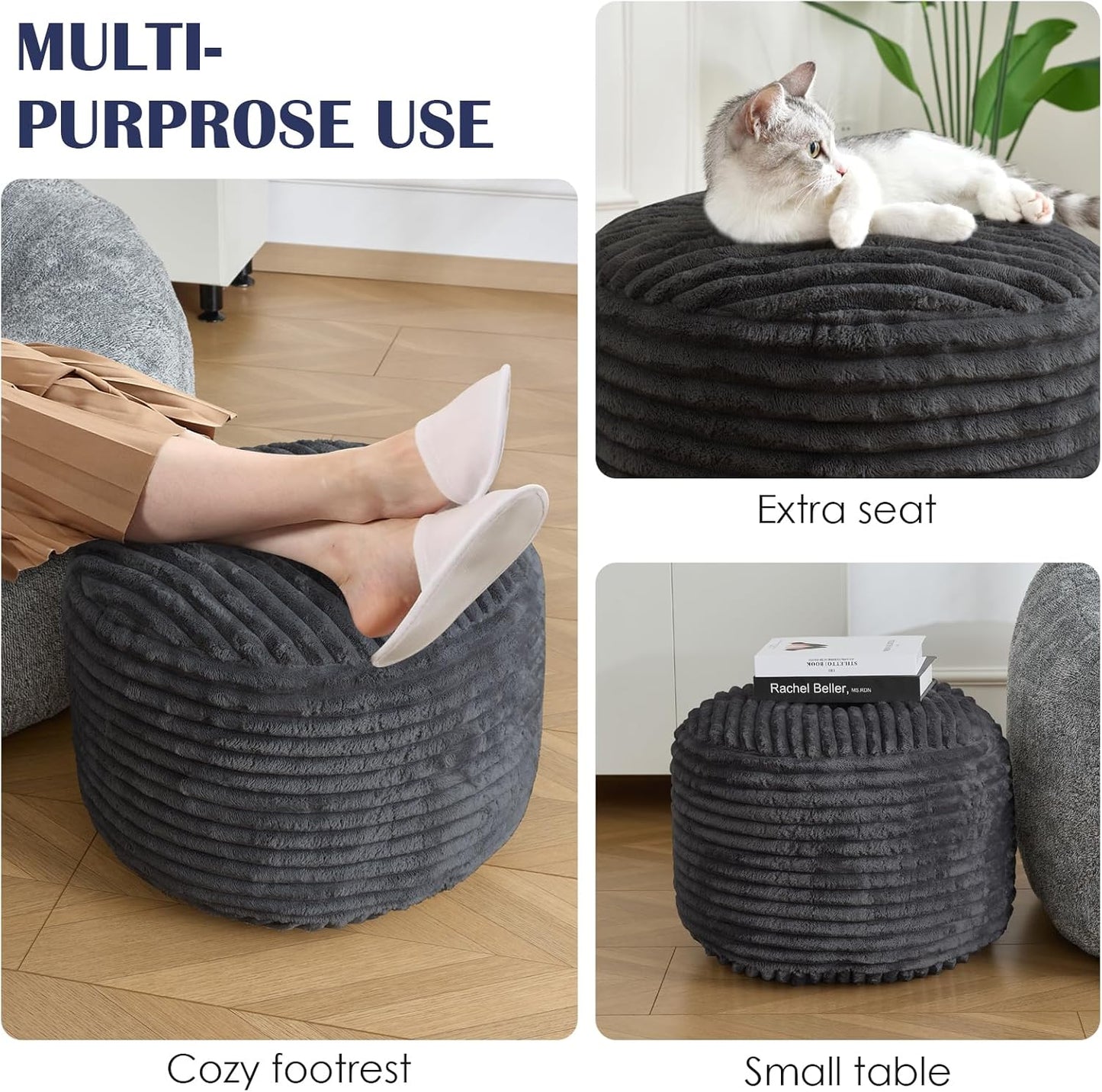 Stuffed round Pouf Ottoman,Corduroy Foot Rest with Shredded Foam Filling, Lightweight and Fluffy Pouf Storage Ottoman for Living Room,Floor Poufs for Couch,20"X 17",Dark Grey