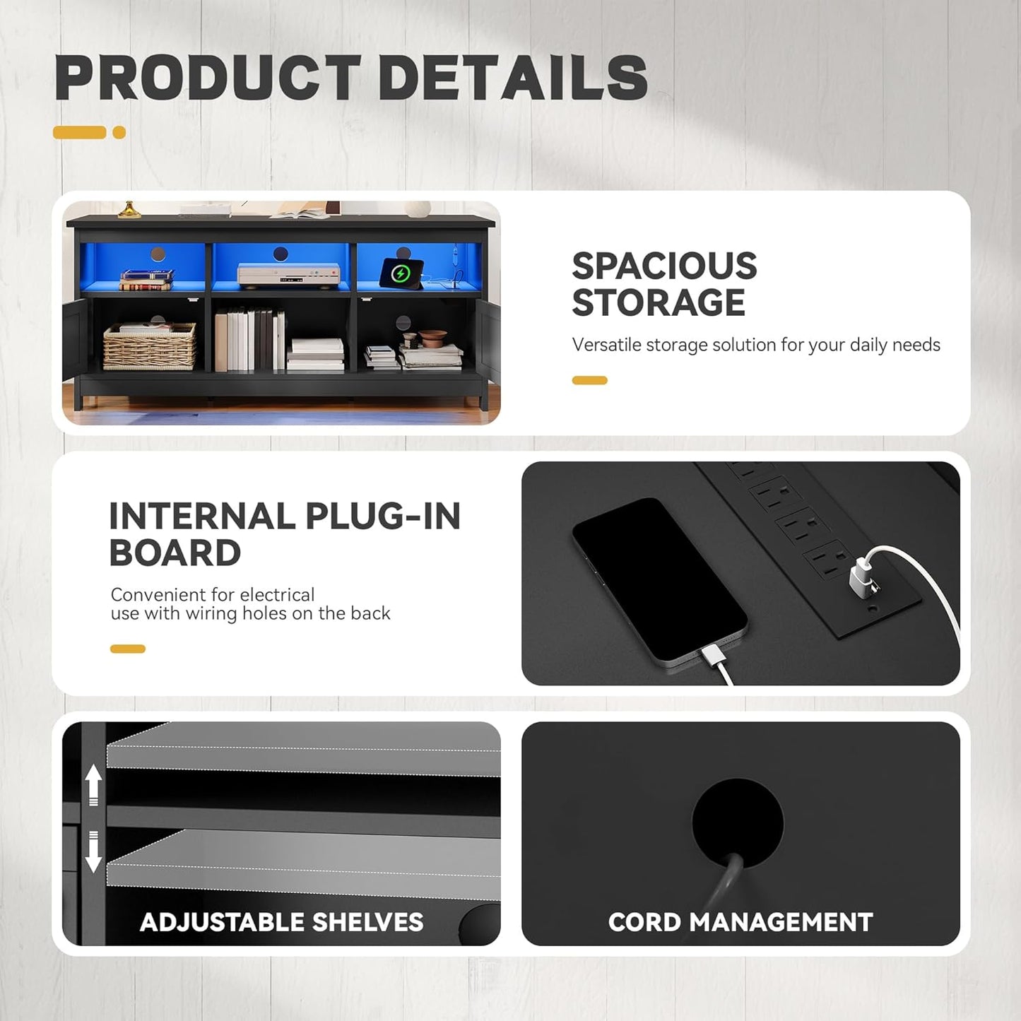 TV Stand for 65 Inch Tvs, Entertainment Center with Storage Cabinets, Power Outlet & LED Light, Media TV Console with Barn Doors for Living Room, Black