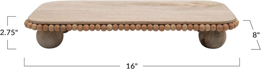 Mango Wood Pedestal with Wood Beads; Modern Footed Serving Tray/Decorative Wood Pedestal for Dessert Table, Natural Colored