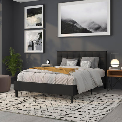 Lennox Adjustable Height Button Tufted and Box Stitch Upholstered Queen Size Headboard in Black Vinyl