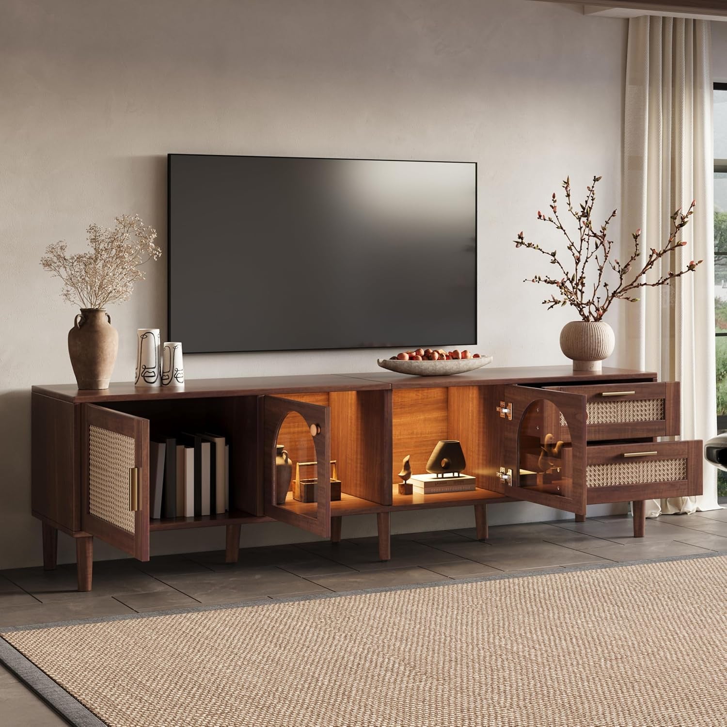 Rattan TV Stand with LED Lights, 70" Entertainment Center with 3 Cabinets & 2 Drawers Media Console Table for Tvs up to 80", Solid Wood Feet, Living Room, Bedroom Furniture