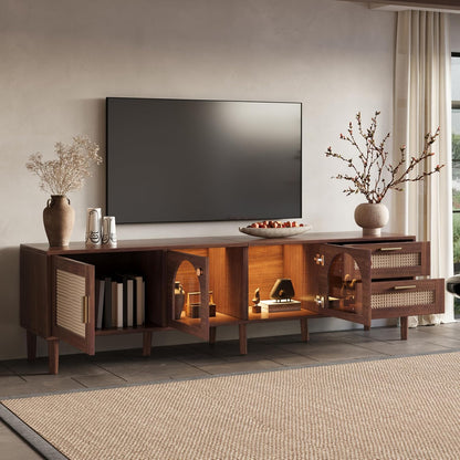 Rattan TV Stand with LED Lights, 70" Entertainment Center with 3 Cabinets & 2 Drawers Media Console Table for Tvs up to 80", Solid Wood Feet, Living Room, Bedroom Furniture