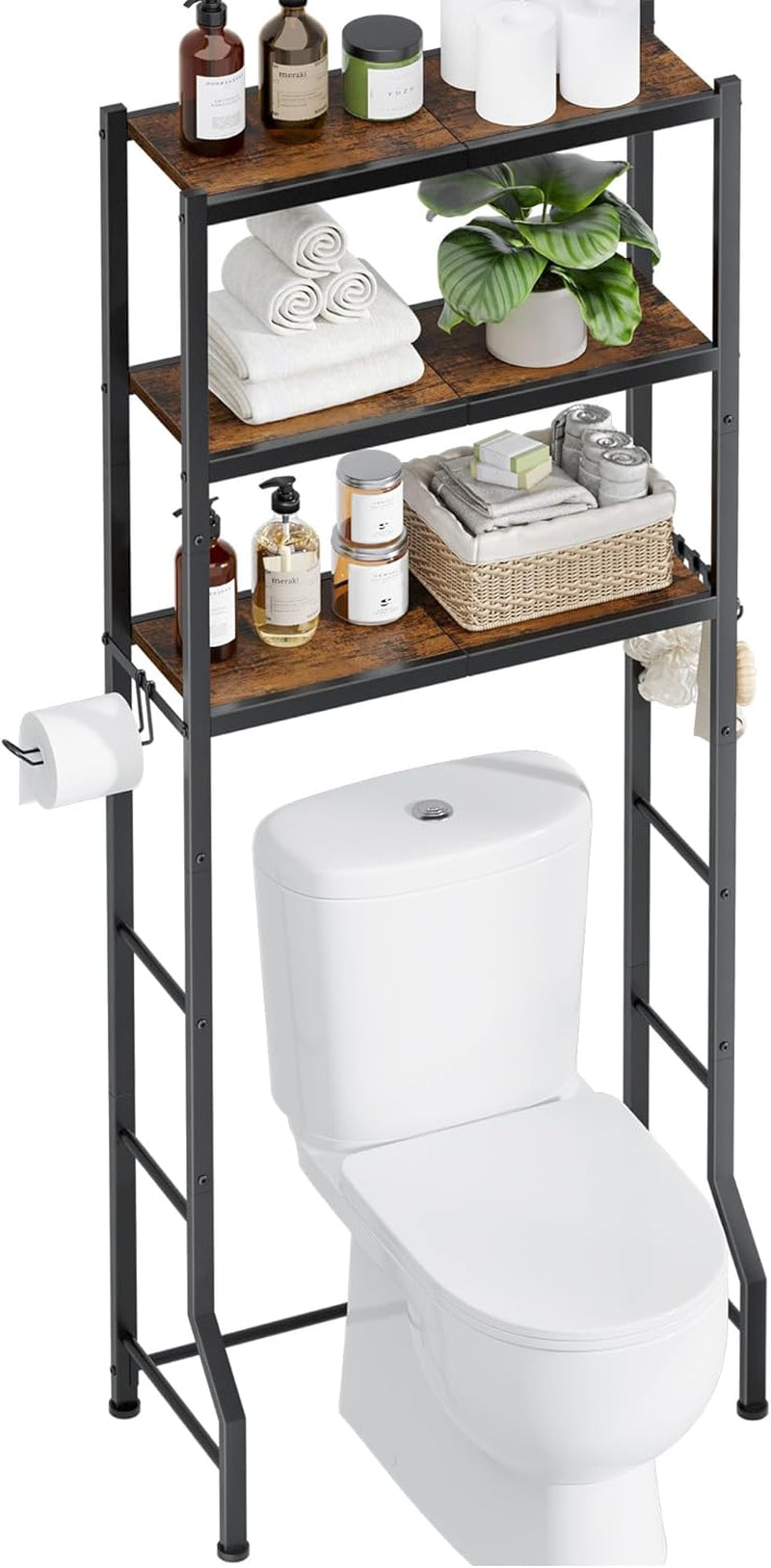 Over-The-Toilet Storage Rack - Freestanding over the Toilet Storage Cabinet with Paper Holder & Hooks, Bathroom Organizers and Storage, Brown + Black, 3 Tiers (61" H)