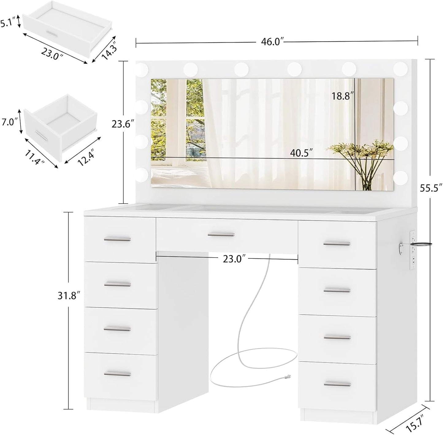 46" Vanity Desk with Glass Top & Lights Mirror, 3 Adjustable Lighting Color, Makeup Vanity with 9 Drawers and 12 LED Lights, Dressing Table for Bedroom, Vanity for Girls, White