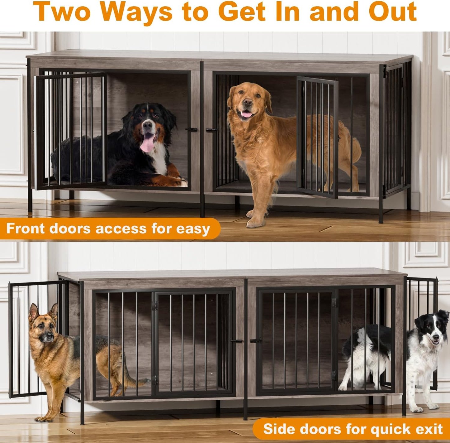 Dog Crate Furniture for 2 Dogs, 78" Double Dog Kennel Furniture Indoor for Large Dogs, XXL Wooden Furniture Dog Crate with Divider, Dog Kennel Dog Crates TV Stand, Grey