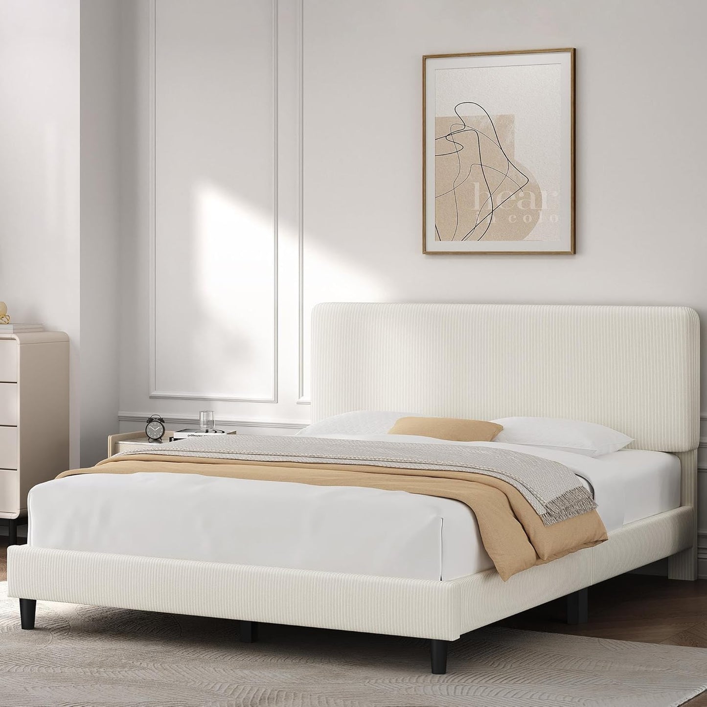 Queen Bed Frames with Adjustable Headboard, Chenille Fabric Upholstered Headboard/Platform Bed, Queen Size Bed Frame No Box Spring Needed/Wood Slats Support/Easy Assembly/Beige