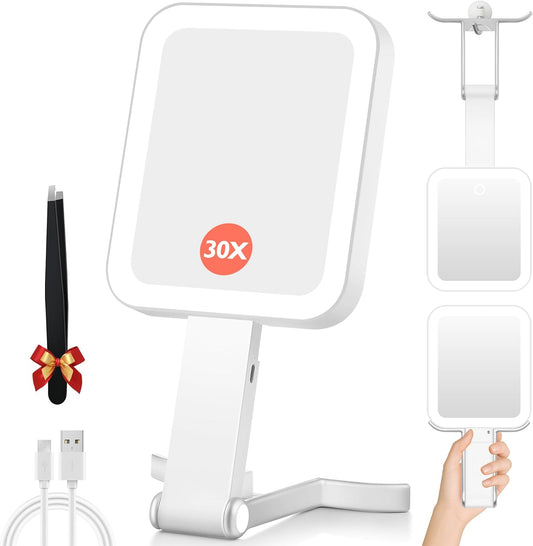 Magnifying Travel Mirror with Light, 30X/1X Double-Sided Magnifying Mirror with 3 Color Lights, Brightness Adjustable, Foldable Handheld Makeup Mirrors Portable for Travel and Desktop Use