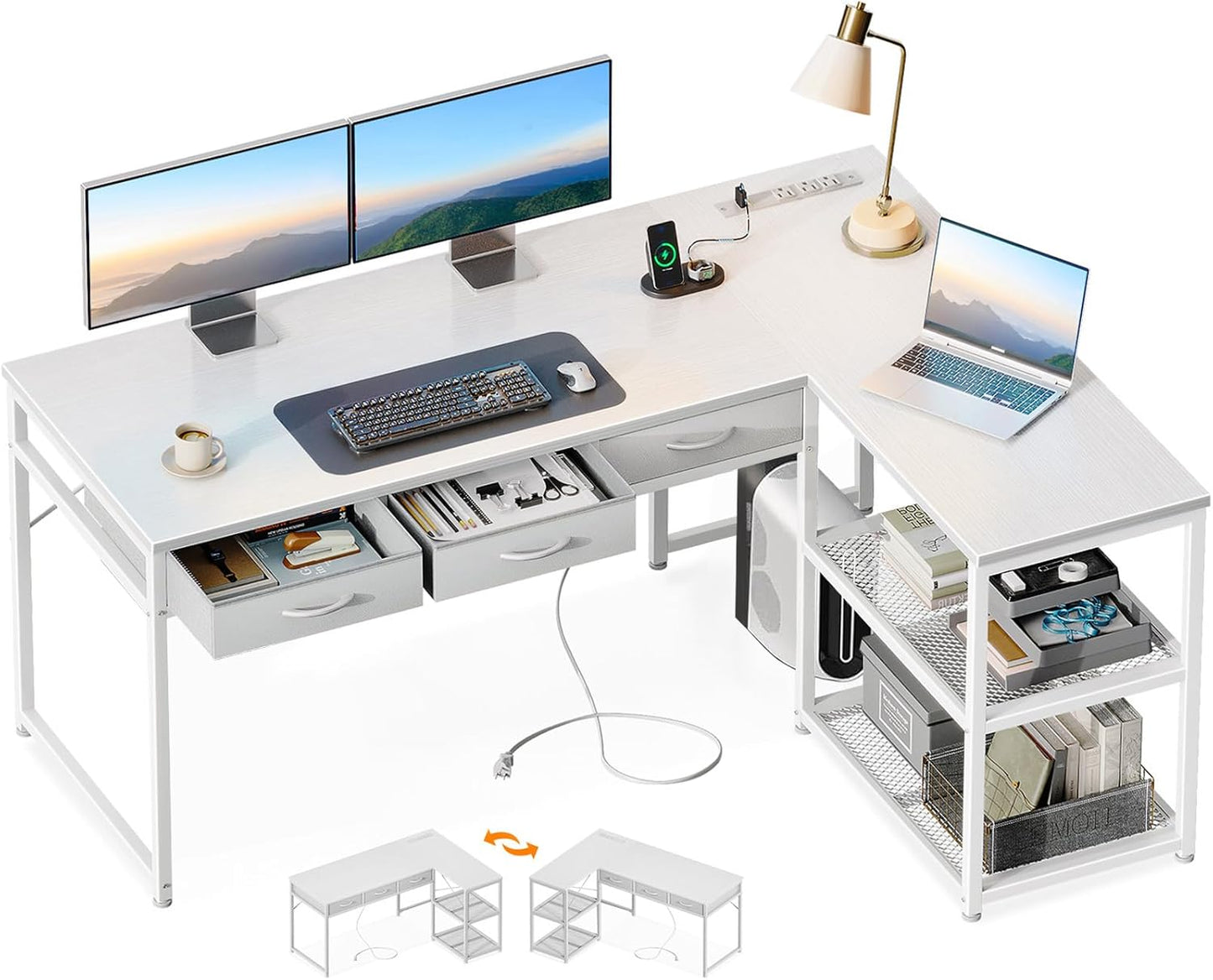 53 Inch L Shaped Computer Desk with Drawers, Corner Desk with Power Outlets & Reversible Storage Shelves, for Home Office Gaming, White