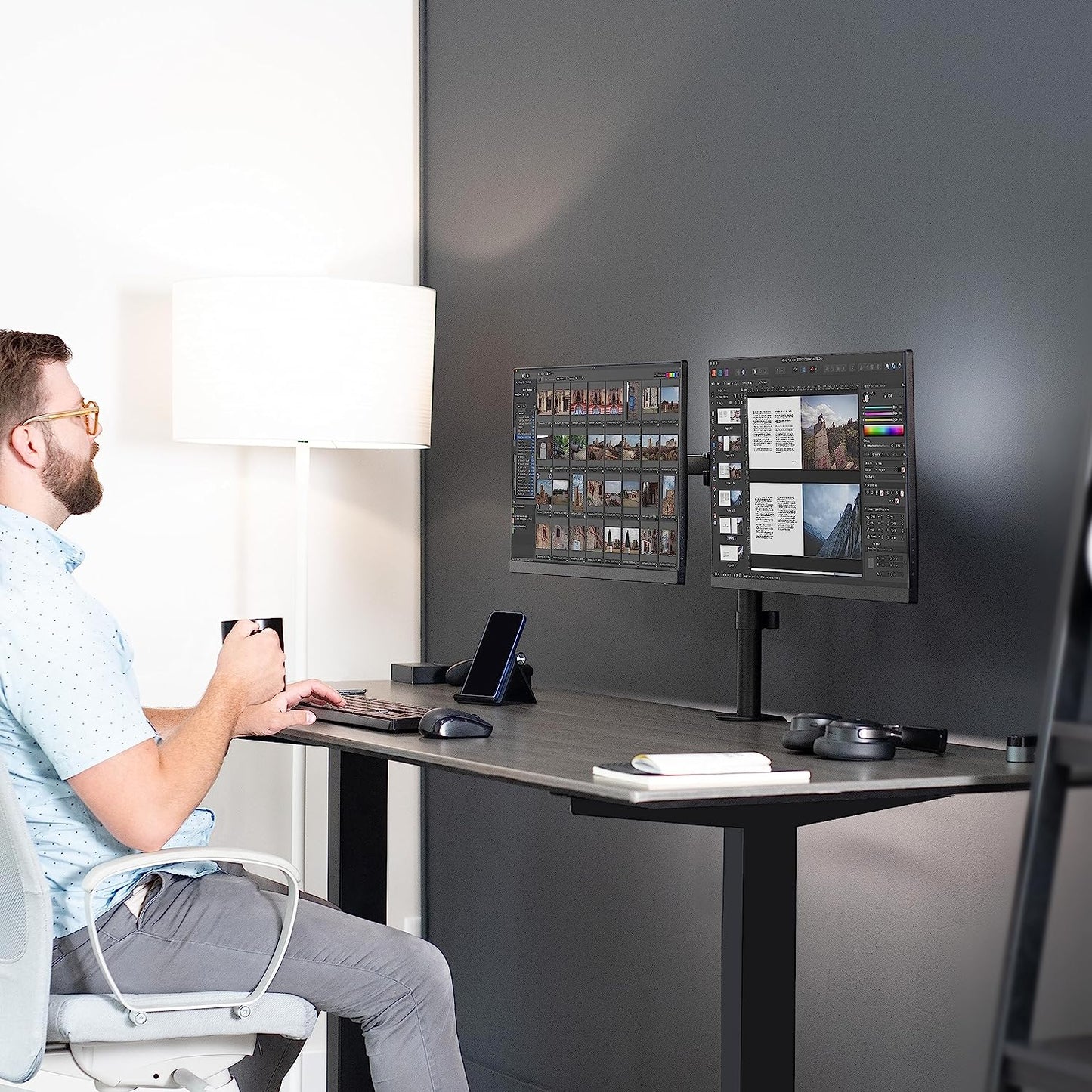 Dual Monitor Desk Mount, Holds 2 Computer Screens up to 30 Inches and 22Lbs Each, Heavy Duty Fully Adjustable Steel Stand with C-Clamp and Grommet, Black, STAND-V002