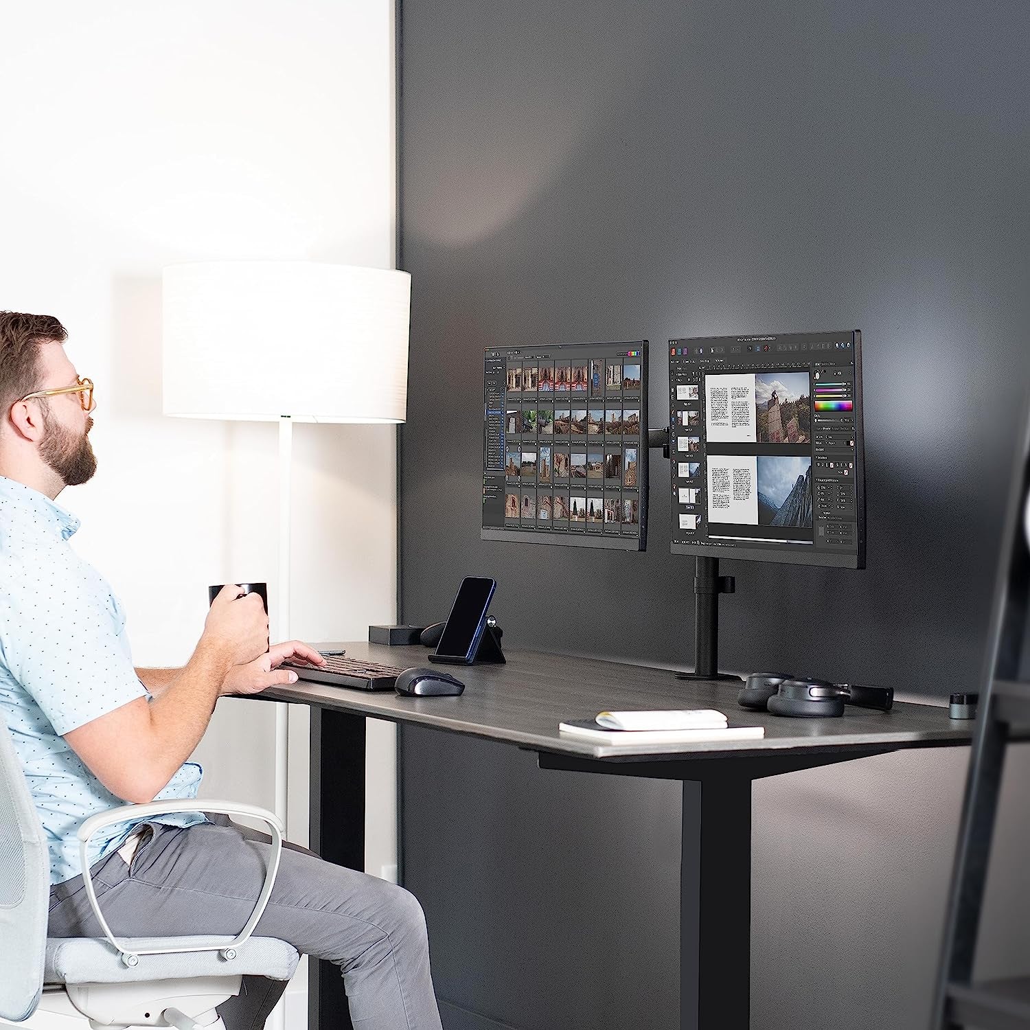 Dual Monitor Desk Mount, Holds 2 Computer Screens up to 30 Inches and 22Lbs Each, Heavy Duty Fully Adjustable Steel Stand with C-Clamp and Grommet, Black, STAND-V002