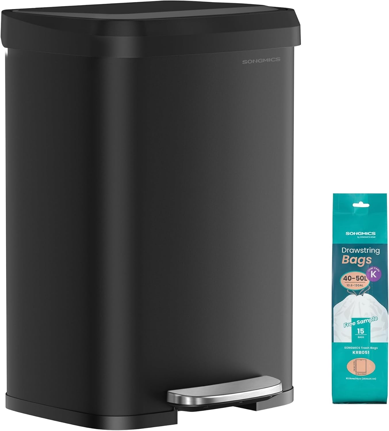Kitchen Trash Can, 13 Gallon (50 L) Stainless Steel Garbage Can, with Stay-Open Lid and Step-On Pedal, Soft Closure, Tall, Large and Space-Saving, Black ULTB530B50