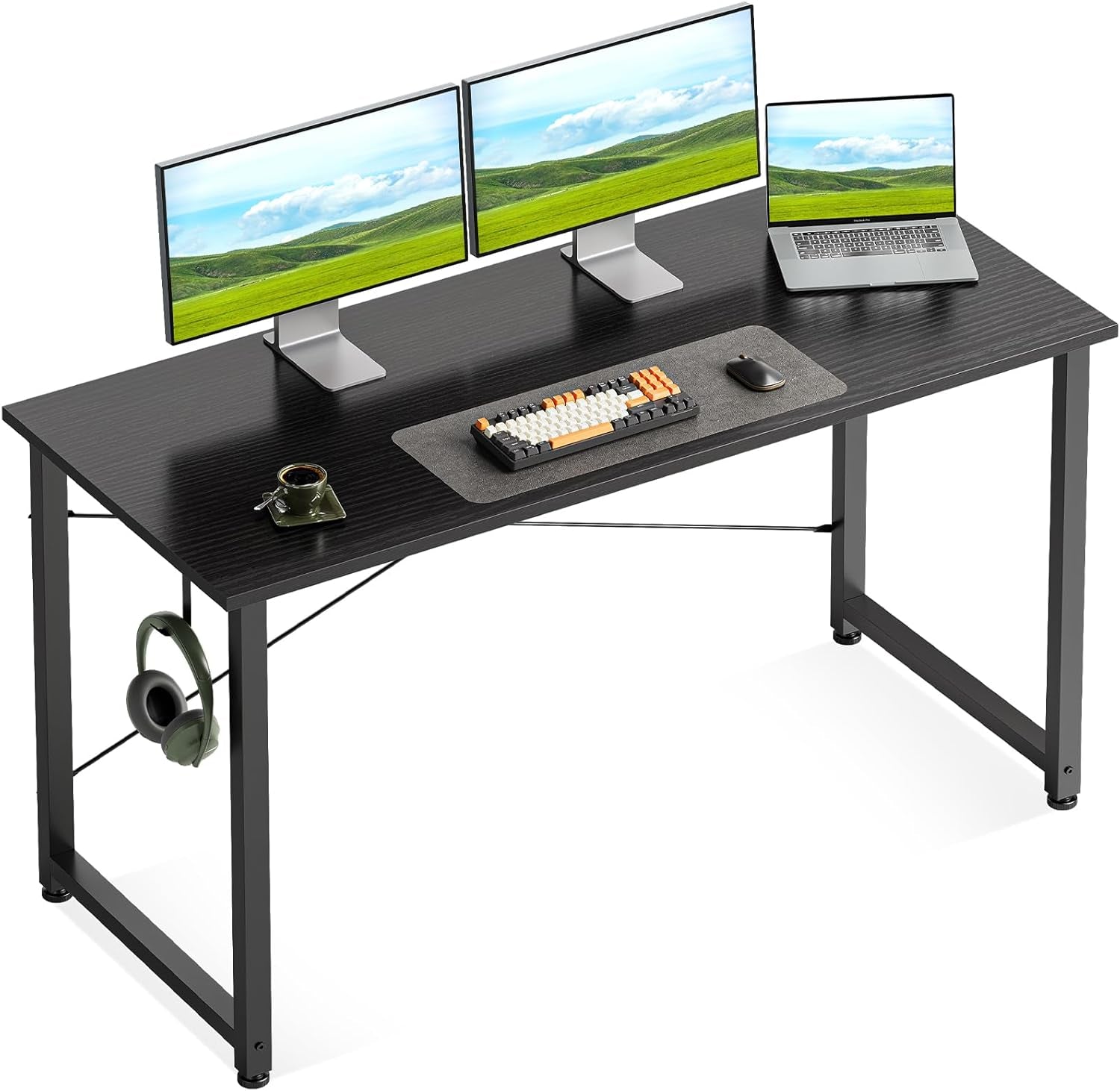 48 Inch Small Computer Desk for Home Office, Study Writing Table for Small Spaces, Simple Modern Desk with Headphone Hooks, Pure Black