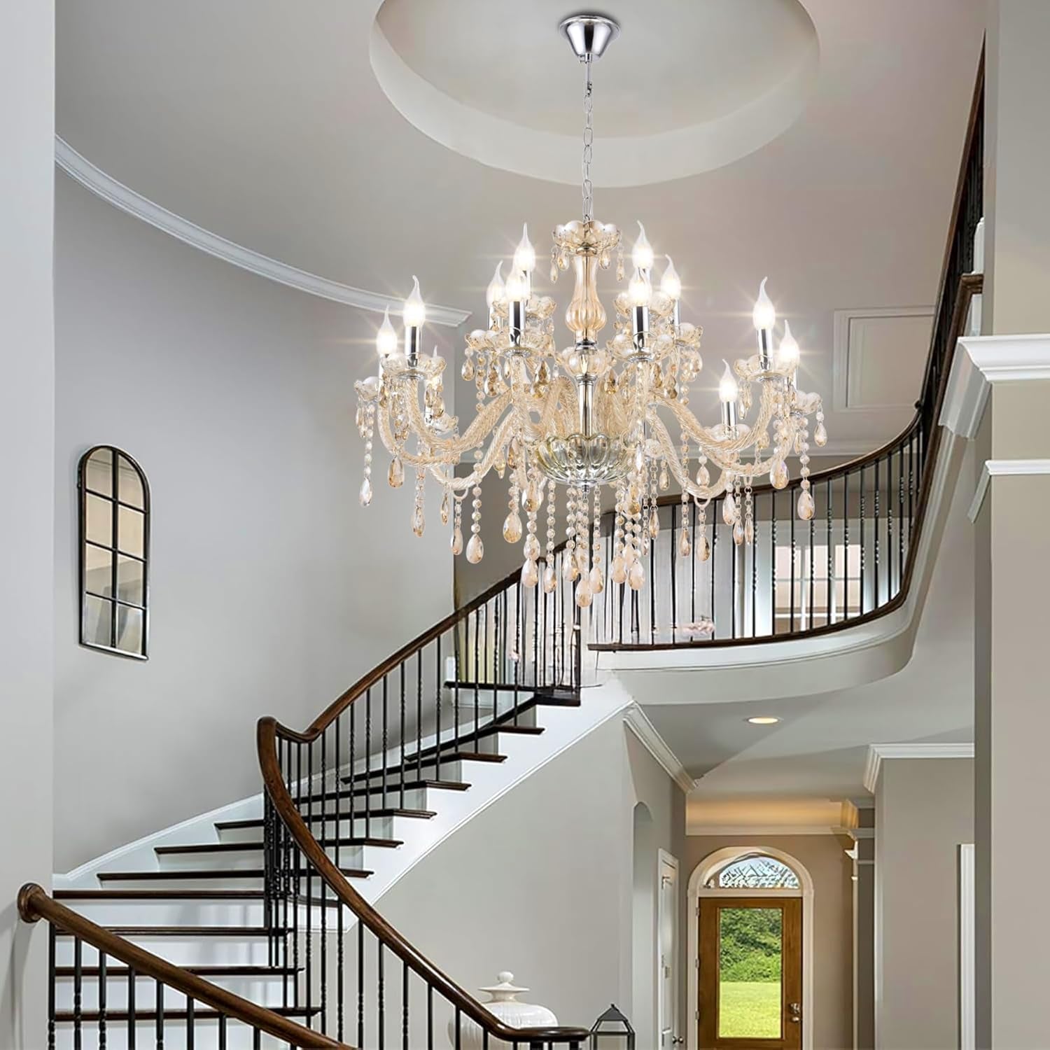 Luxury Cognac Large Crystal Chandeliers for High Ceiling,15-Light 30.7" Large Chandeliers for Dining Room,Living Room,Bedroom,Foyer,Staircase