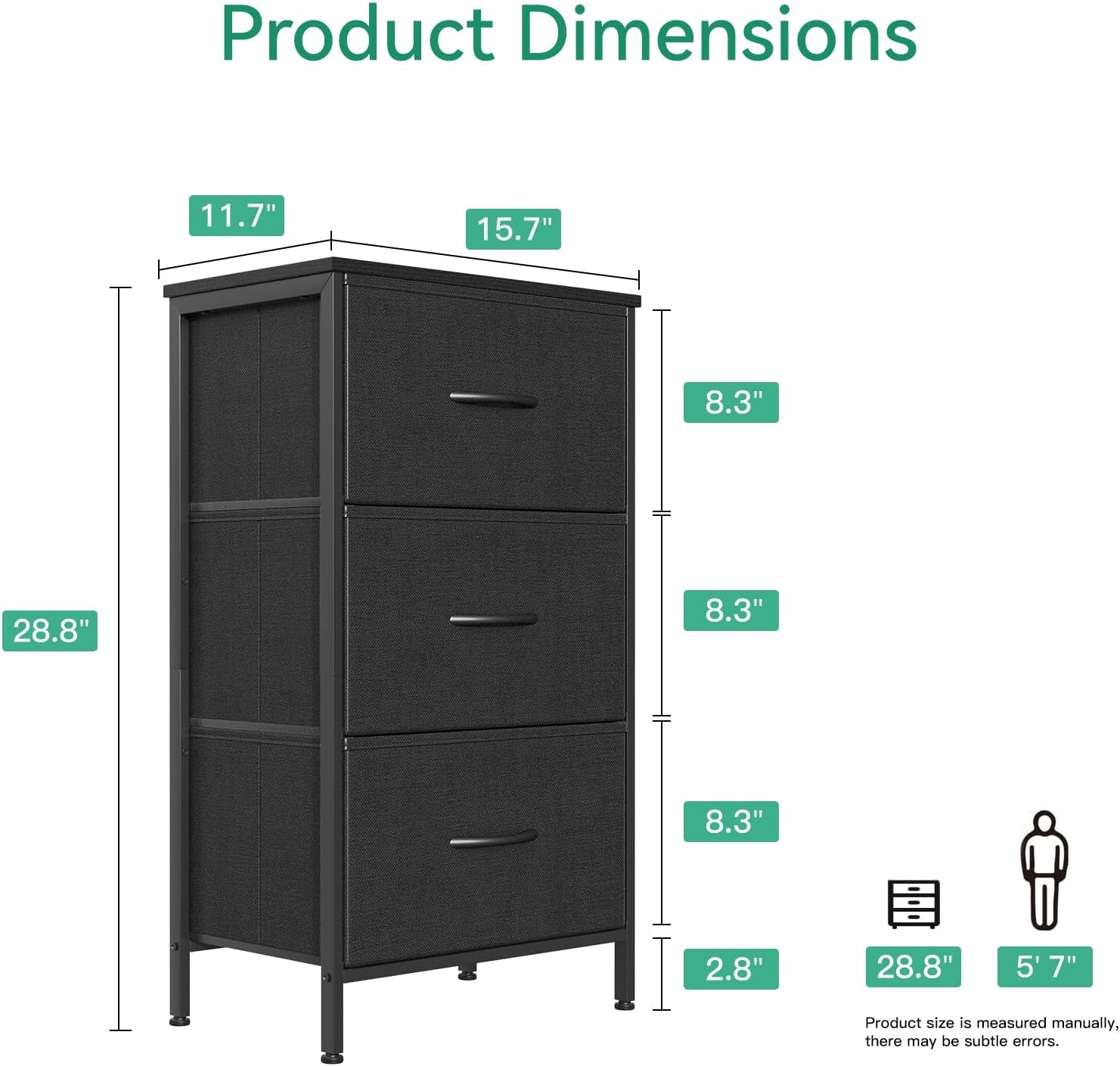Dresser for Bedroom Nightstand Small Dressers Chest of Drawers End Table for Living Room, Closet Dresser with 3 Storage Drawers Organizer Clothes, Black