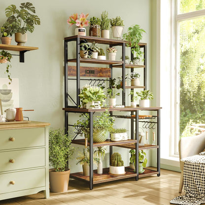 Large Bakers Rack with Power Outlets, 6-Tier Microwave Stand, Coffee Bar with 12 S-Shaped Hooks, Kitchen Shelf with Wire Basket, 39.4 X 14.6 X 66.9 Inches, Rustic Brown