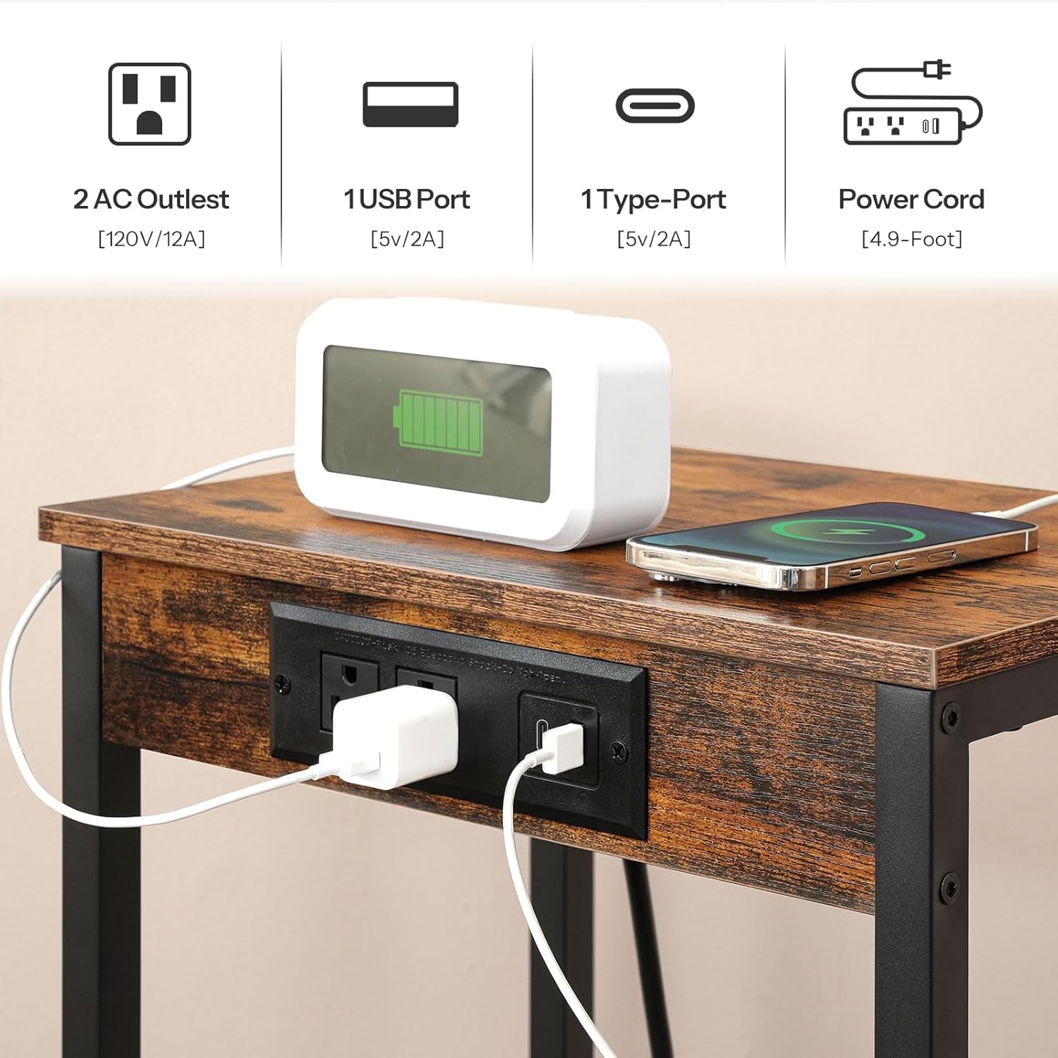 Tall End Table with Charging Station, 30 Inch Tall Nightstand, 3-Tier Small Side Table with Adjustable Shelf, for Living Room, Bedroom, Entryway, Rustic Brown BF09UDH01G1