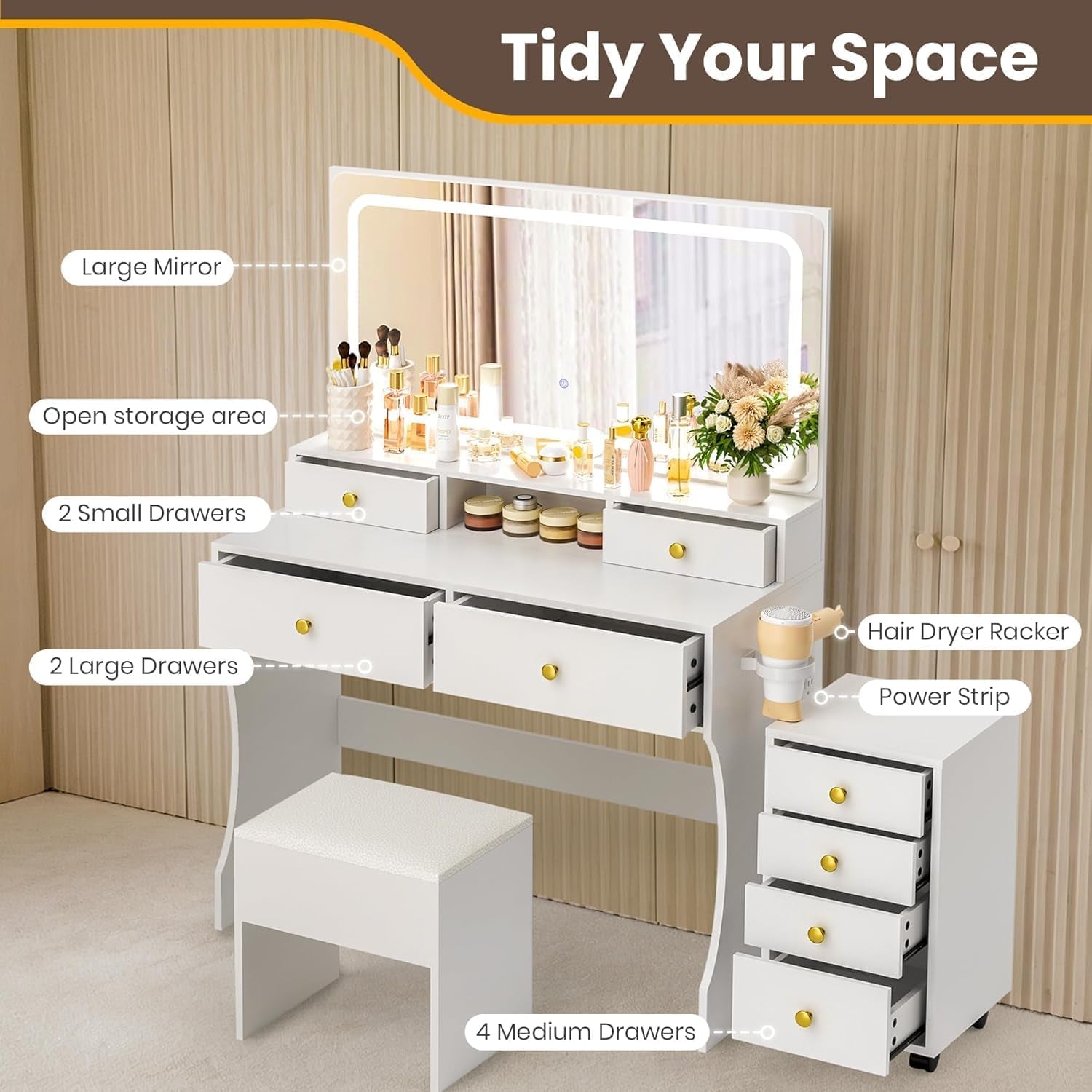 Vanity Desk with File Cabinet, 8 Drawers Makeup Vanity with Mirror and Lights,3 Lighting Modes Dressing Table with Chair, Power Outlet, Silent Slides, White