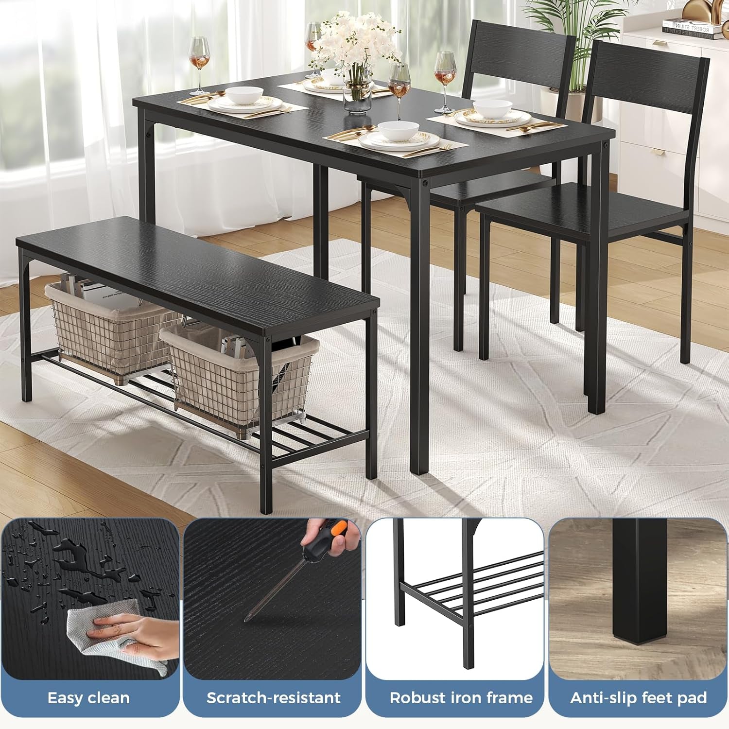 Dining Table Set, Dining Table for 4 with Bench, Kitchen Table, Space-Saving Ideal 4-Person Set for Dining Room Kitchen Apartment Corner Black 4 Pack