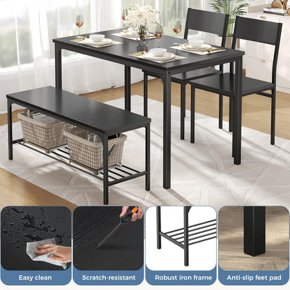 Dining Table Set, Dining Table for 4 with Bench, Kitchen Table, Space-Saving Ideal 4-Person Set for Dining Room Kitchen Apartment Corner Black 4 Pack