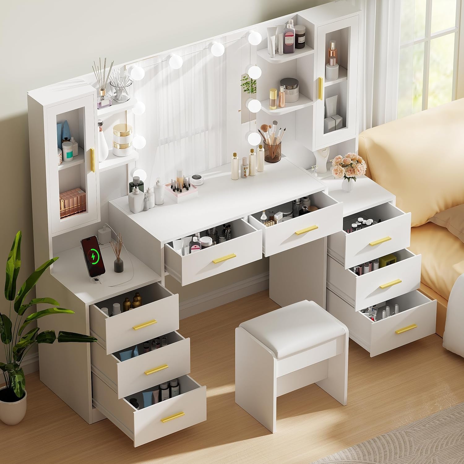 59.1" Large Vanity Desk with Mirror & Lights White Makeup Vanity Set with Power Outlet and 8 Drawers 3 Lighting Modes Adjustable Dressing Table for Girl Women Bedroom Dressing Room UBDT67W
