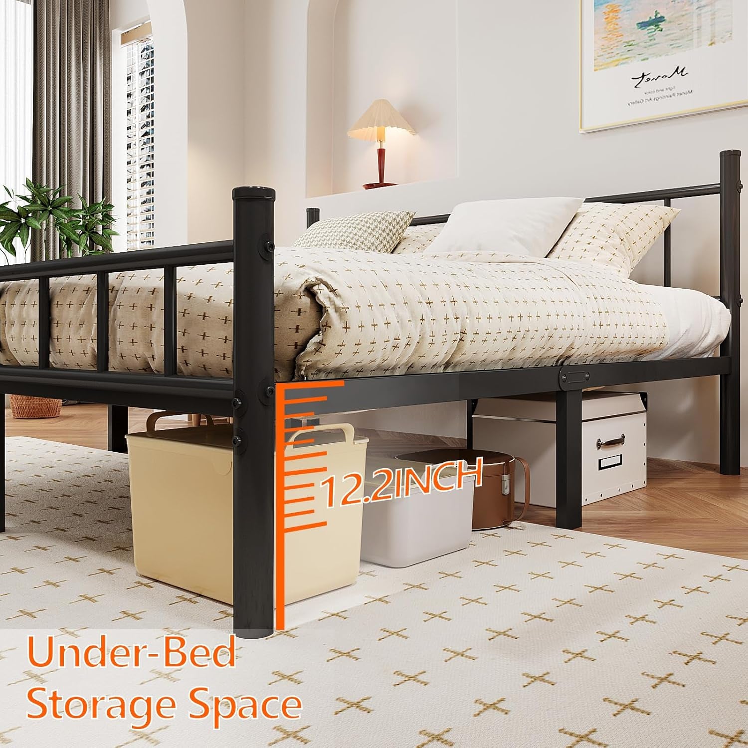King Size Metal Bed Frame with Headboard & Footboard 14 Inch Metal Platform Mattress Foundation Support with Steel Slat, under Bed Storage, No Box Spring Needed