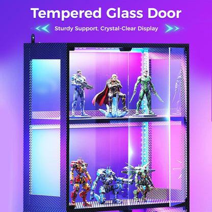 Glass Display Cabinet with Glass Doors, 4-Tier Display Case with RGB Lights, Glass Cabinet Shelf for Collectibles and Storage, Black Curio Cabinet for Gaming Room
