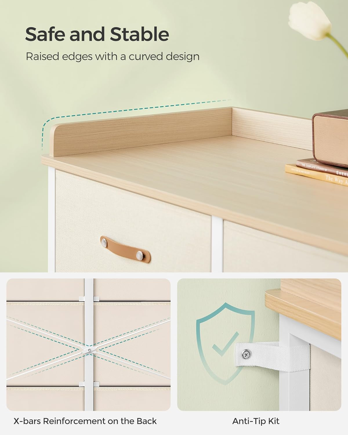Kids Dresser with 6 Drawers, Boys Girls Dresser, with Water-Resistant Tabletop, Storage Organizer Cabinet, for Bedroom Hallway, Beige UGKR101K01