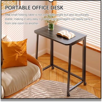 23.6" Mobile Small Folding Desk, Foldable Rolling Computer Home Office Desk, Study Writing Table for Small Space Saving Bedroom, with Wheels - All Black