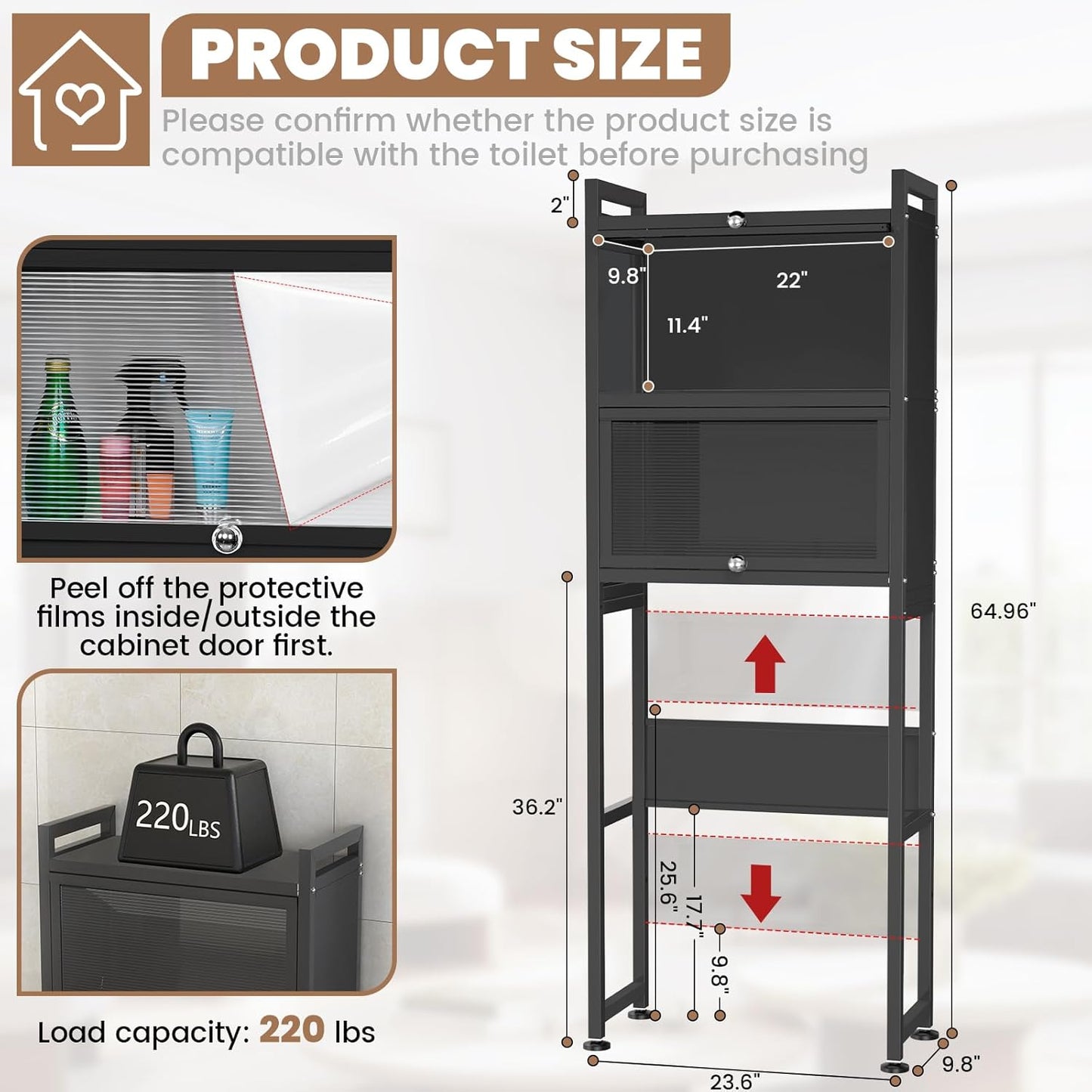 over the Toilet Storage Cabinet,3-Tier,Bathroom Toilet Organizer,Waterproof, Cabinet Door Design,Freestanding Space Saver with 4 Hooks for Bathroom,Black