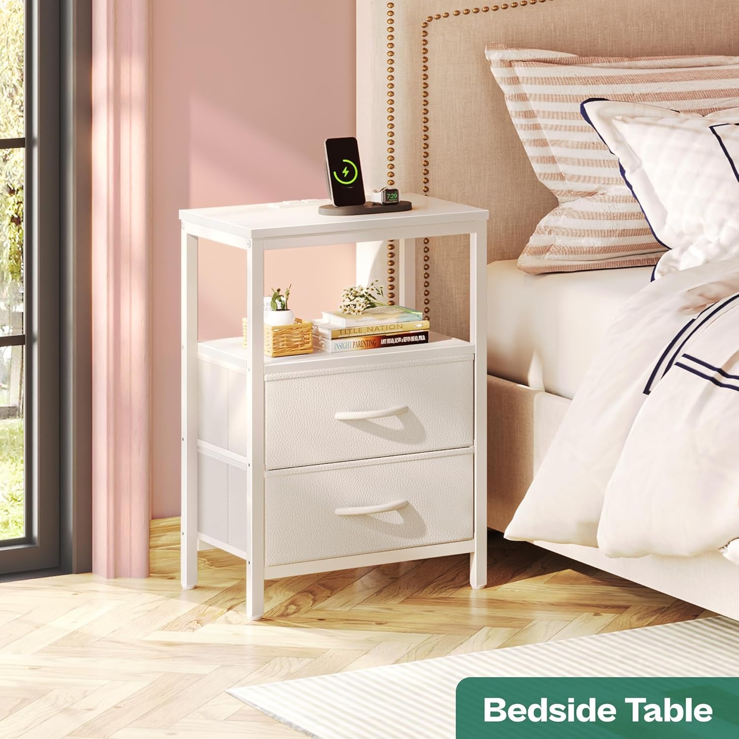 Nightstand with Charging Station, Side Table with 2 Fabric Drawers, End Table with Open Shelf, Bedside Table with USB-C Port and Outlets, Night Stand, PU Leather, White