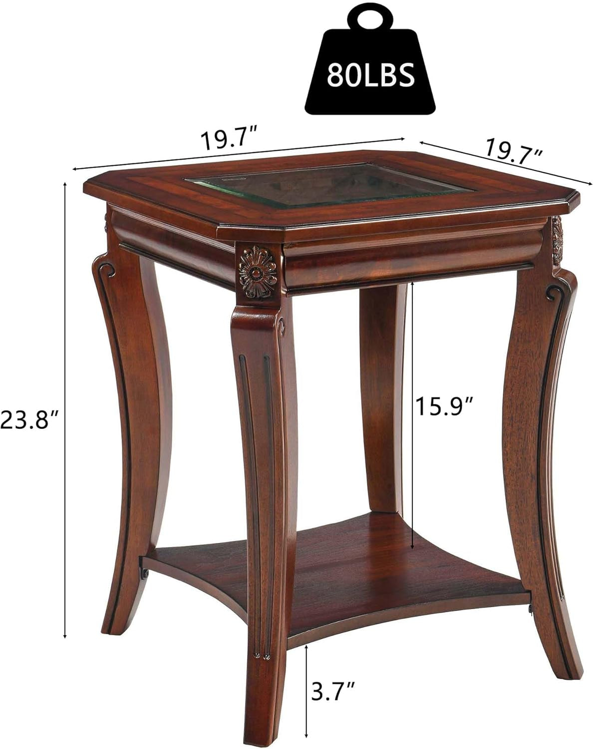 Living Room Tables Set of 3- One Coffee Table and Two End Table with Tempered Glass Top, Mid-Century Sofa beside Table and Center Table with Carved Legs, Easy Assembly Cherry Brown KFZ-CJZ-A1168-GT