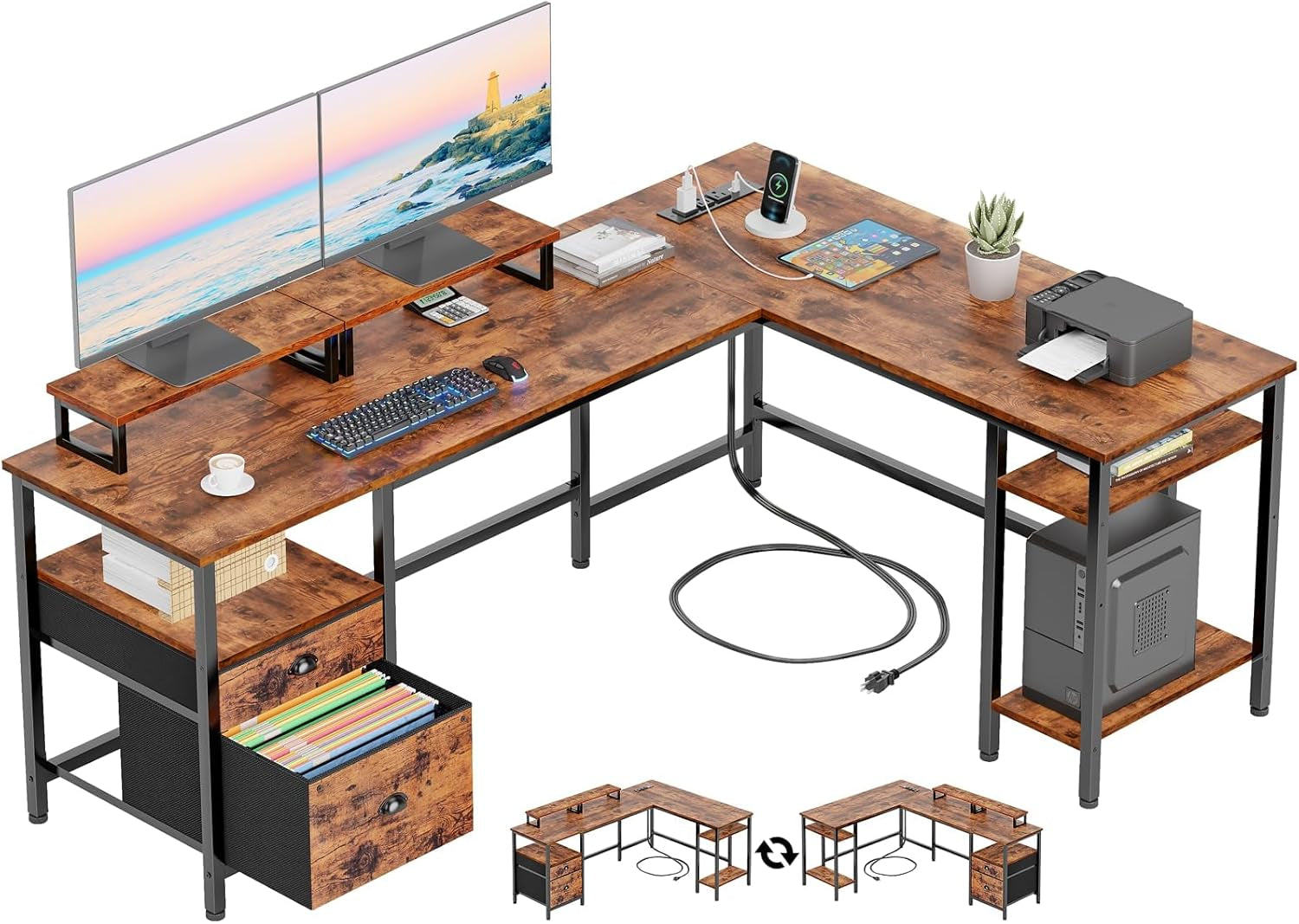 59” L Shaped Desk with Power Outlet, Reversible Computer Desk with File Drawer & 2 Monitor Stands, Corner Home Office Table with Storage Shelves for Gaming Writing, Black