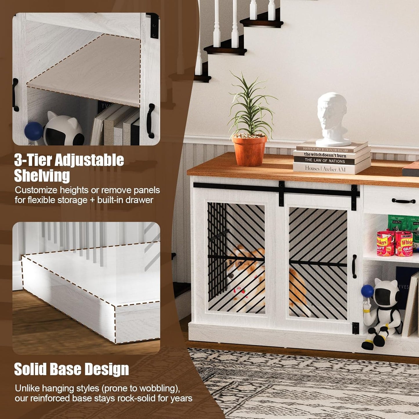 86.6” Large Dog Crate Furniture for 2 Dogs, Decorative Wooden Double Dog Kennel Indoor, Dog Cage TV Stand with Durable Lock & Storage Shelves for Medium Small Pets
