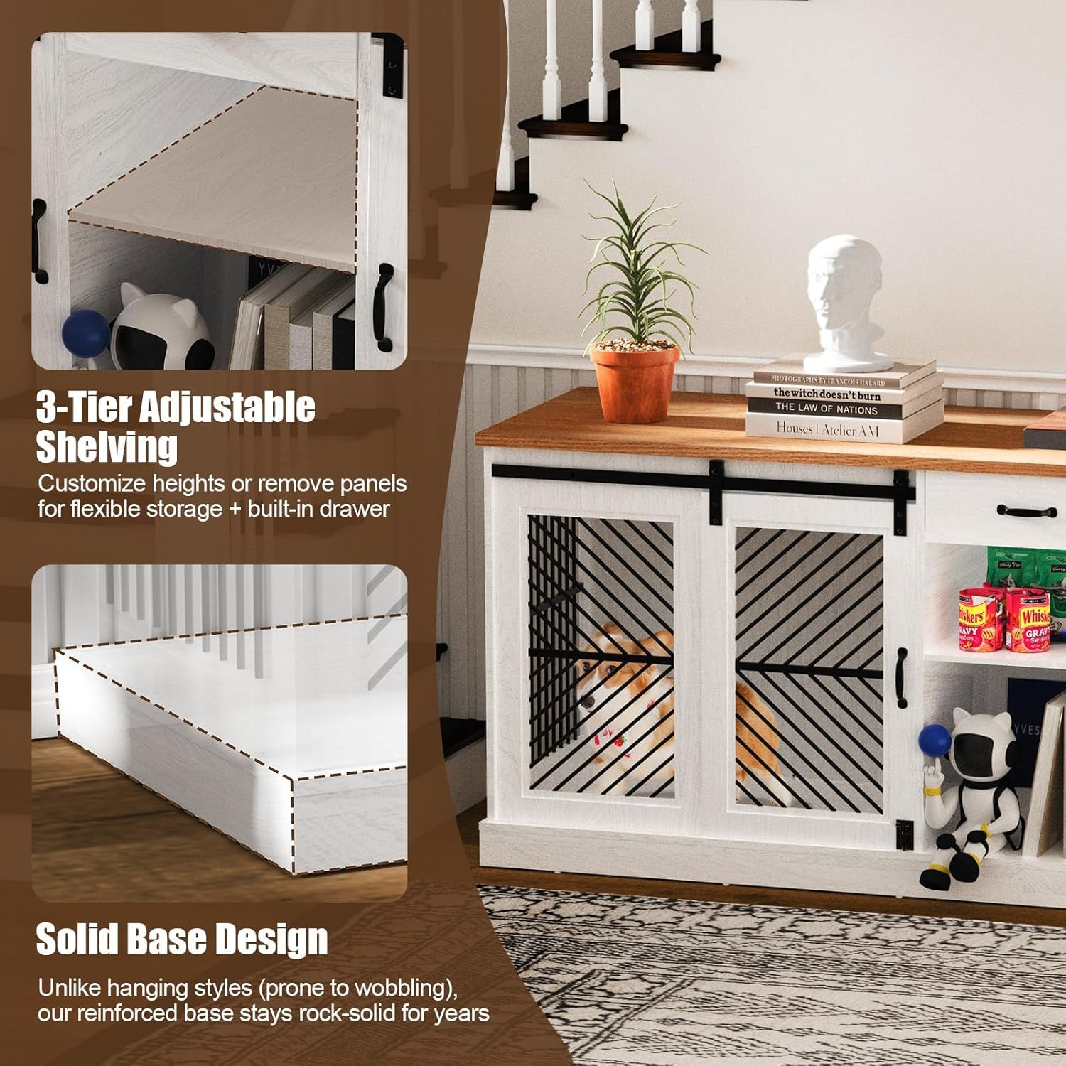 86.6” Large Dog Crate Furniture for 2 Dogs, Decorative Wooden Double Dog Kennel Indoor, Dog Cage TV Stand with Durable Lock & Storage Shelves for Medium Small Pets