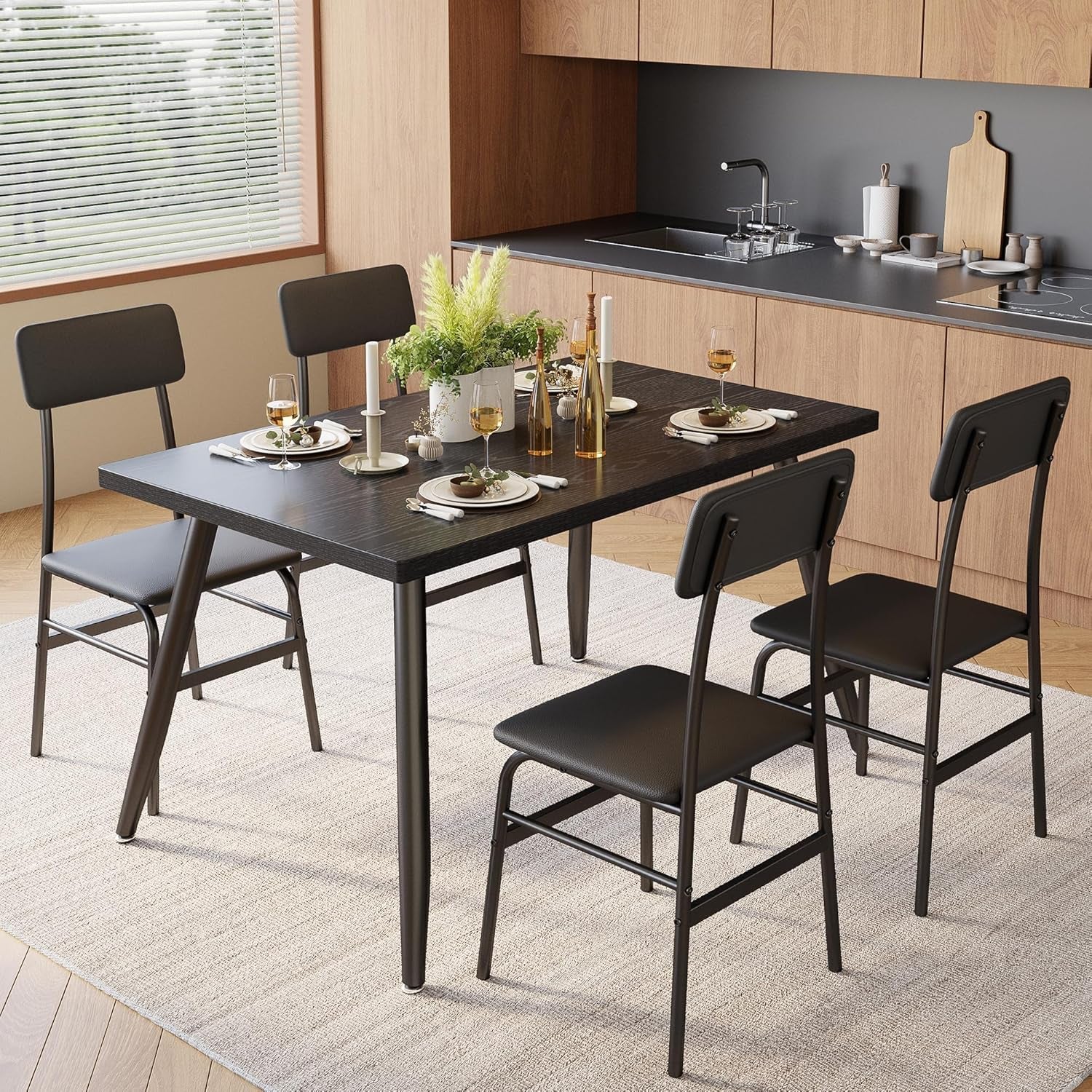 5 Piece Dining Table Set for 4, Modern Metal & Wood Kitchen Dinner Table with 4 Chairs, Space-Saving Dining Room Furniture Table & Chair Sets for Small Spaces & Apartment, Black