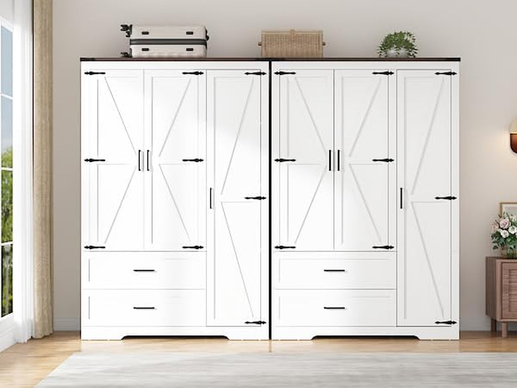 Farmhouse Wardrobe Armoire Closet with 3 Doors and 2 Drawers, 70.1" Wooden Clothing Storage Cabinet, Freestanding Large Capacity Storage Wardrobe Armoire with Hanging Rod for Bedroom, White