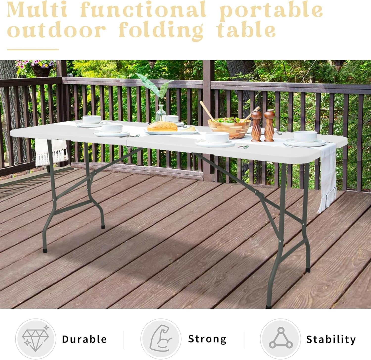 Set of 2 Folding Table 6 FT Lightweight Camping Table Portable Plastic Rectangular Outdoor Dining Table Steel Legs Fold-In-Half with Carrying Handle for Indoor,Picnic,Party,Wedding,Events(White)