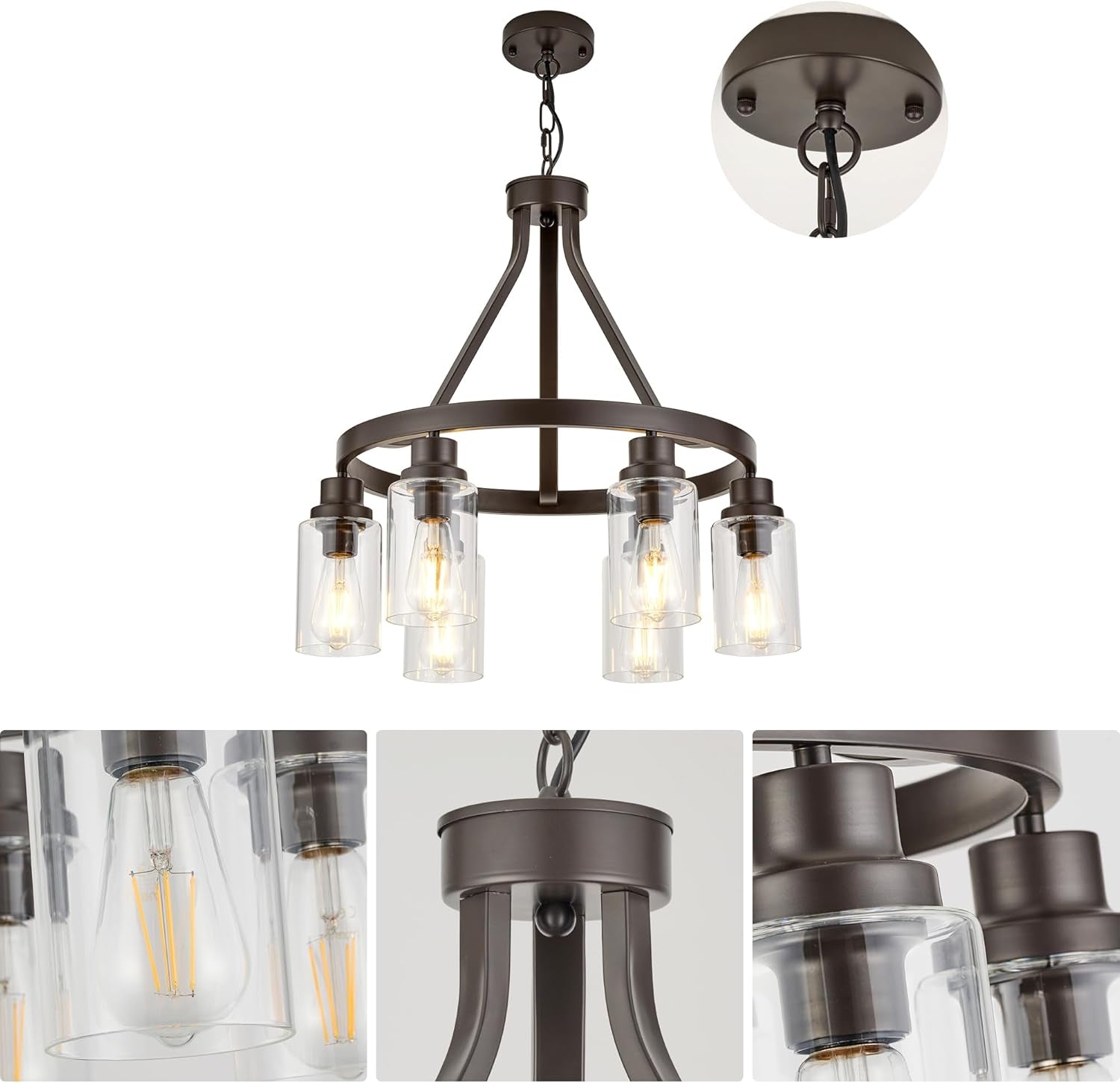 Oil Rubbed Bronze Dining Room Lighting Fixture Hanging Farmhouse Chandelier 6 Light Kitchen Island Lighting with Glass Shade