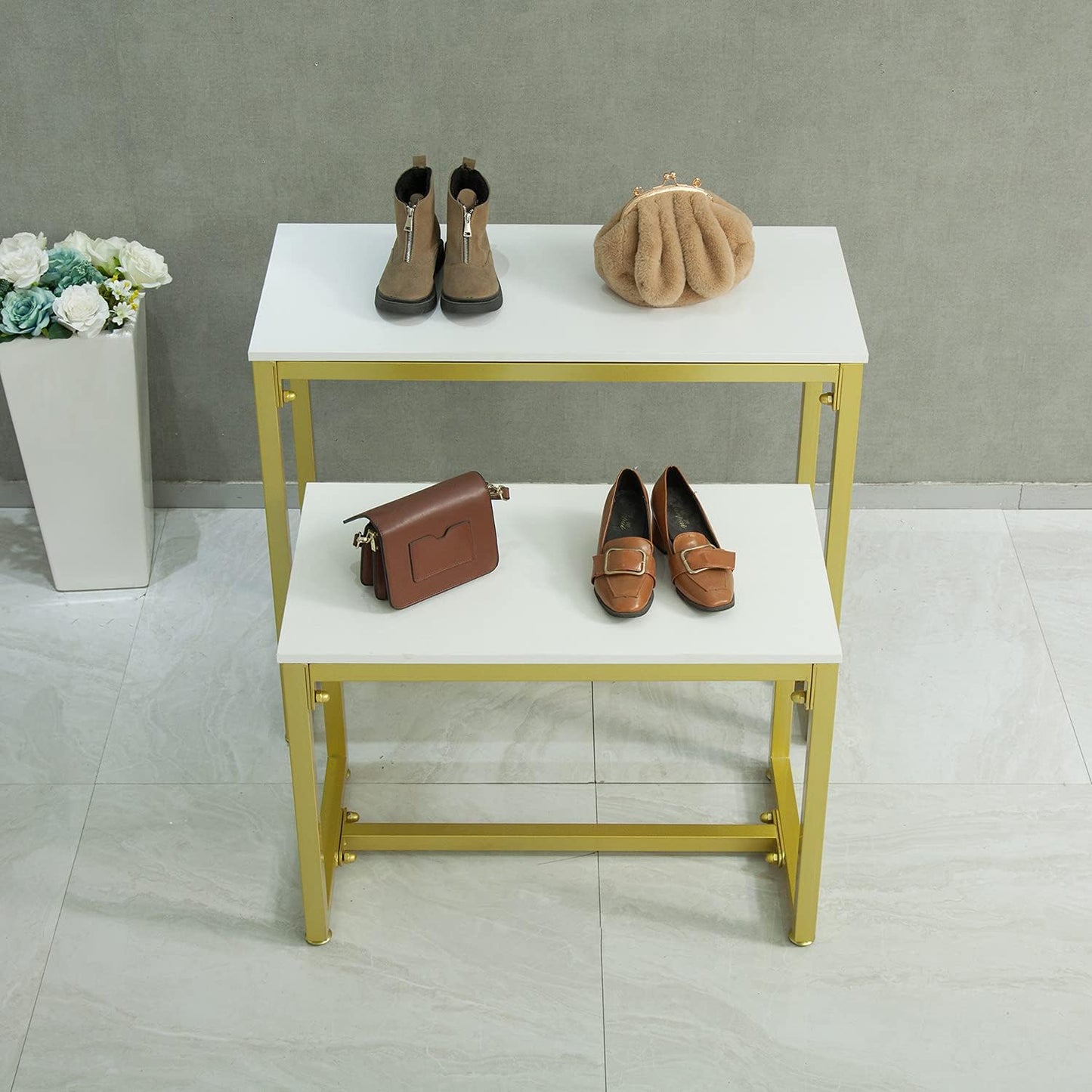 Metal Shoe Handbag Retail Display Racks, Nesting Tables 2 Piece Set, Display Stand for Retail Stores, Iron and Wood, Gold