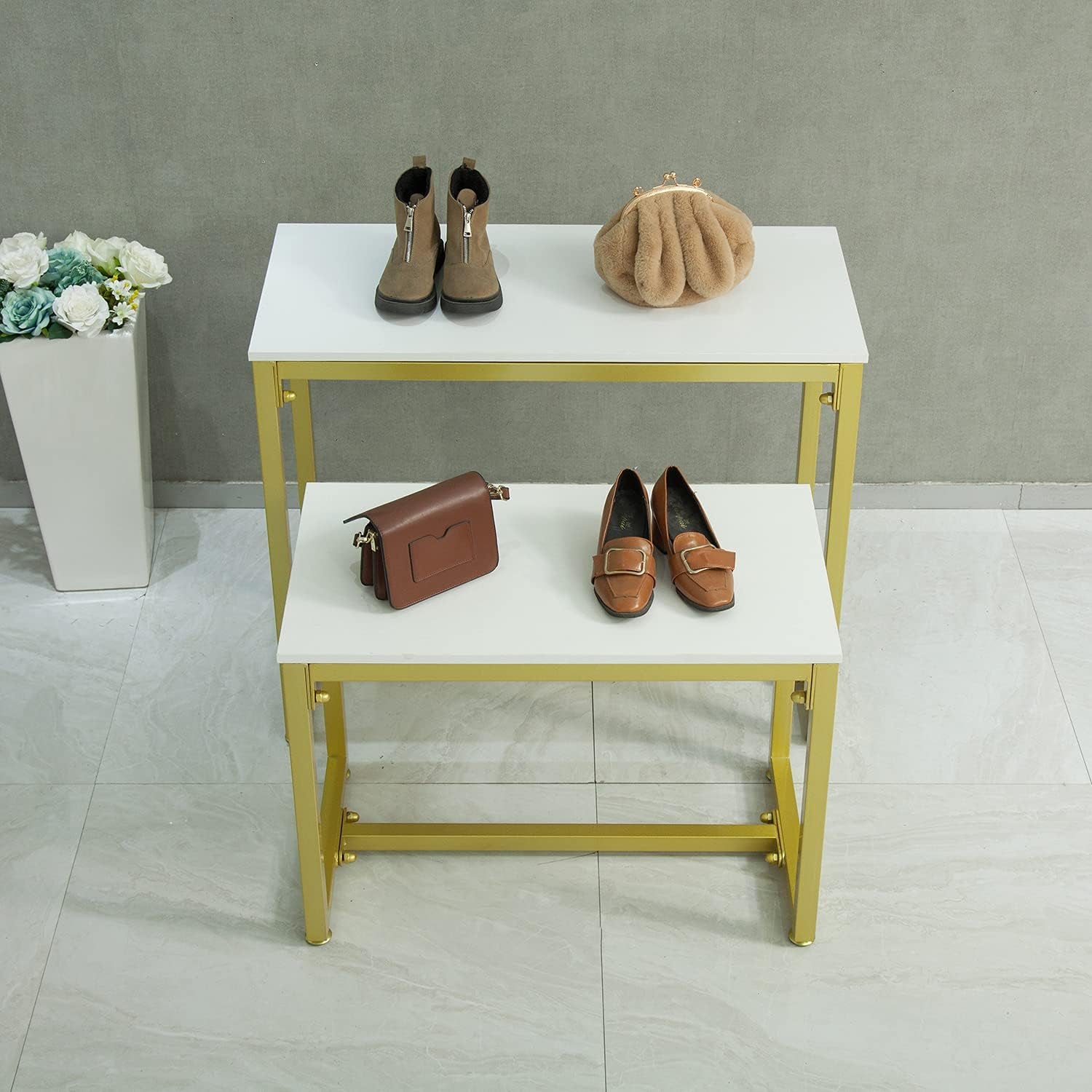 Metal Shoe Handbag Retail Display Racks, Nesting Tables 2 Piece Set, Display Stand for Retail Stores, Iron and Wood, Gold