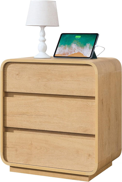 Modern Nightstand, 25" Tall Wood Bedside Table with Charging Station, 3 Drawers Dresser Side Table, Large End Table Night Stand for Bedroom, Office, Sofa, Curved Profile Design, Natural