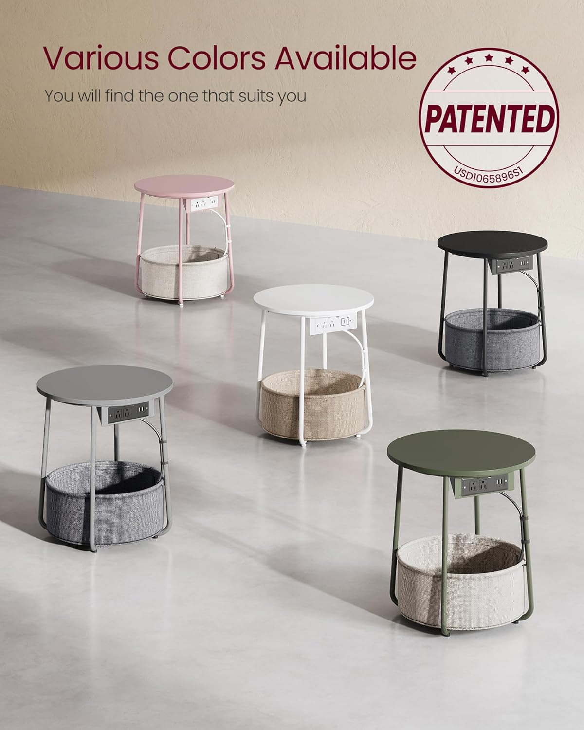 LILEA Collection - Side Table with Charging Station, round End Table with Fabric Basket, Nightstand with USB Ports, for Living Room, Bedroom, Modern, Matte White and Camel Brown ULET228W01