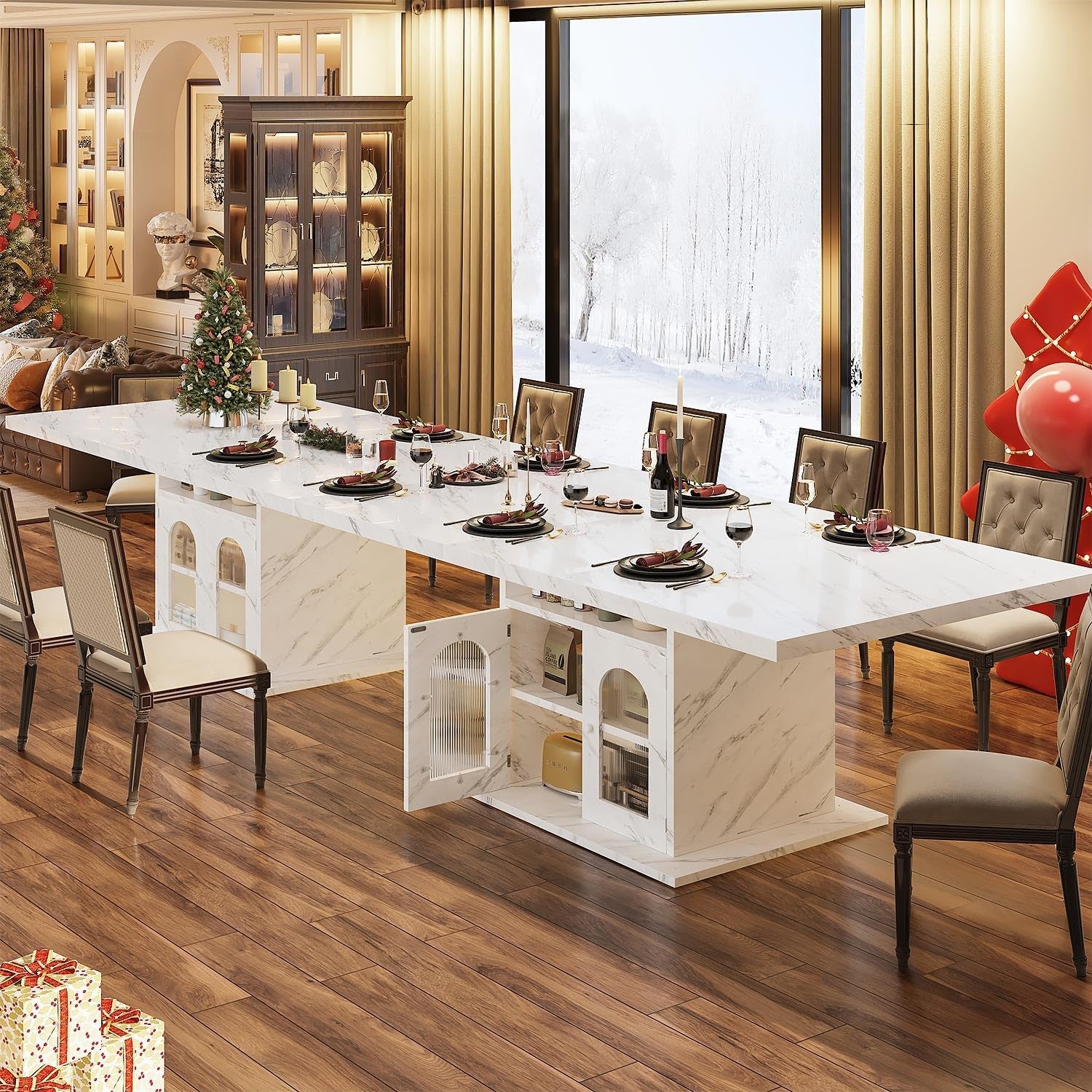 Dining Table for 4–6, 63" Modern Kitchen Dining Room Table with Storage Shelves & Acrylic Door Cabinet,Wood Rectangle Dinner Table with Faux Marble Top for Home Apartment, White Faux Marble