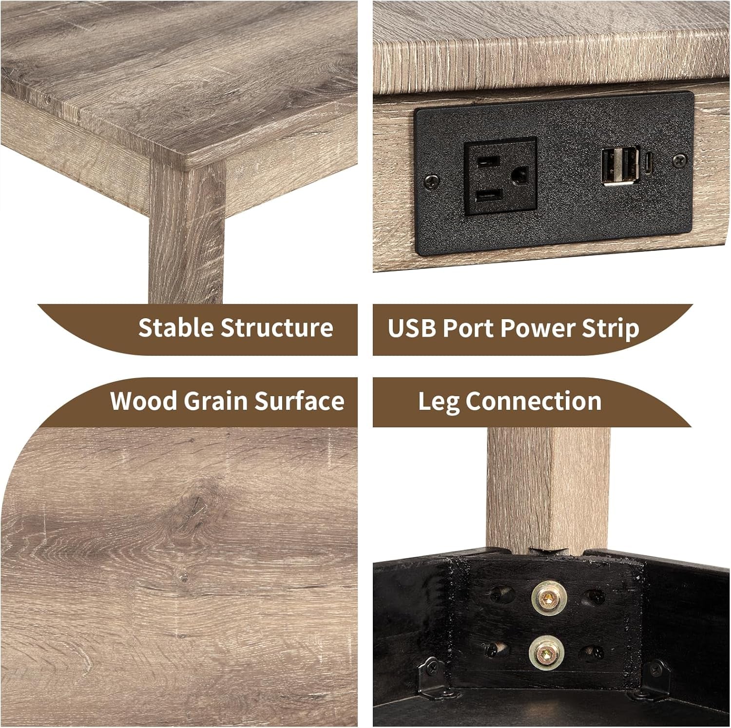 59" Counter Height Bar Table Set with Power Outlet, Industrial Breakfast Table with 3 Padded Stools, 4 Piece Bar Table and Chairs Set for Living Room, Dining Room, Brown