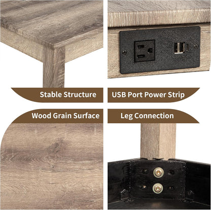 59" Counter Height Bar Table Set with Power Outlet, Industrial Breakfast Table with 3 Padded Stools, 4 Piece Bar Table and Chairs Set for Living Room, Dining Room, Brown