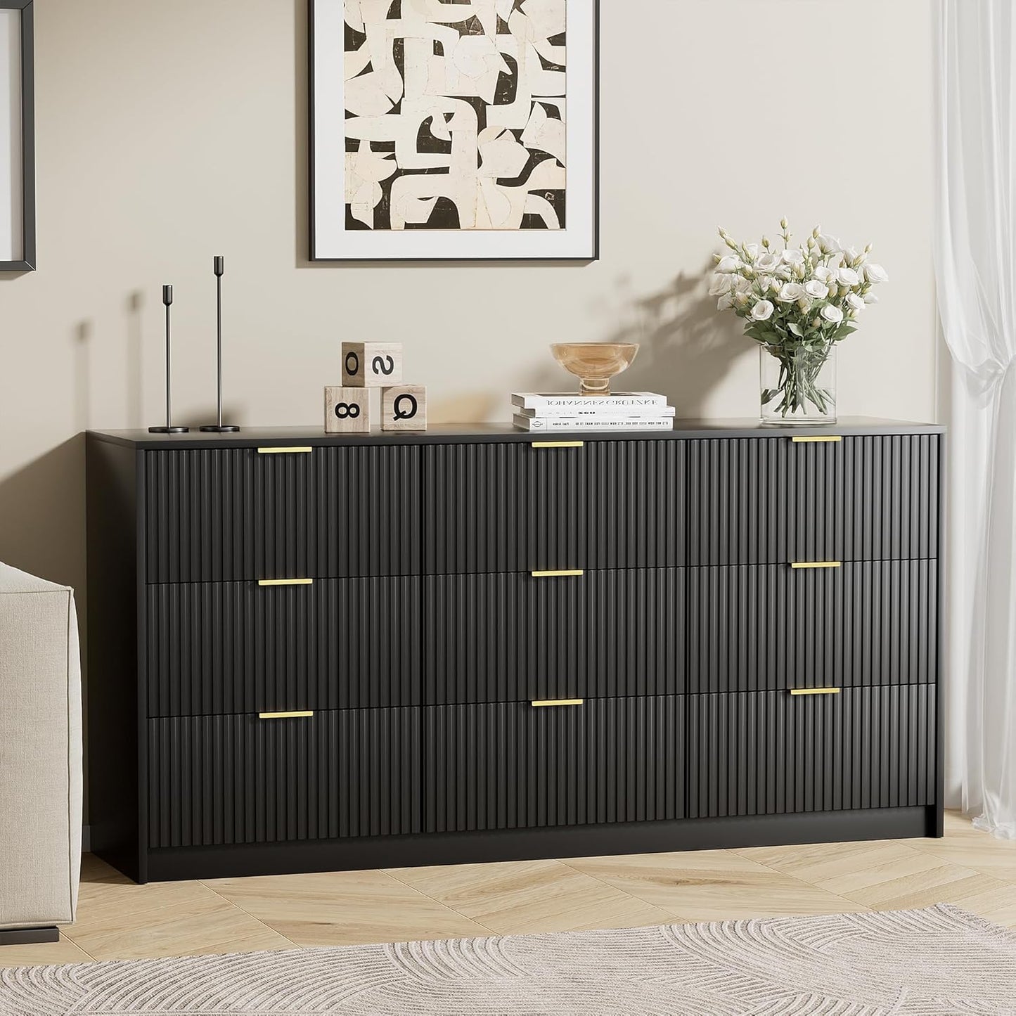 Black Dresser for Bedroom, Modern Dresser with 9 Drawers and Smooth Slides, Wide Chest of Drawers with Golden Handles for Bedroom, Living Room, Closet, 15.7" D X 63" W X 31.5" H