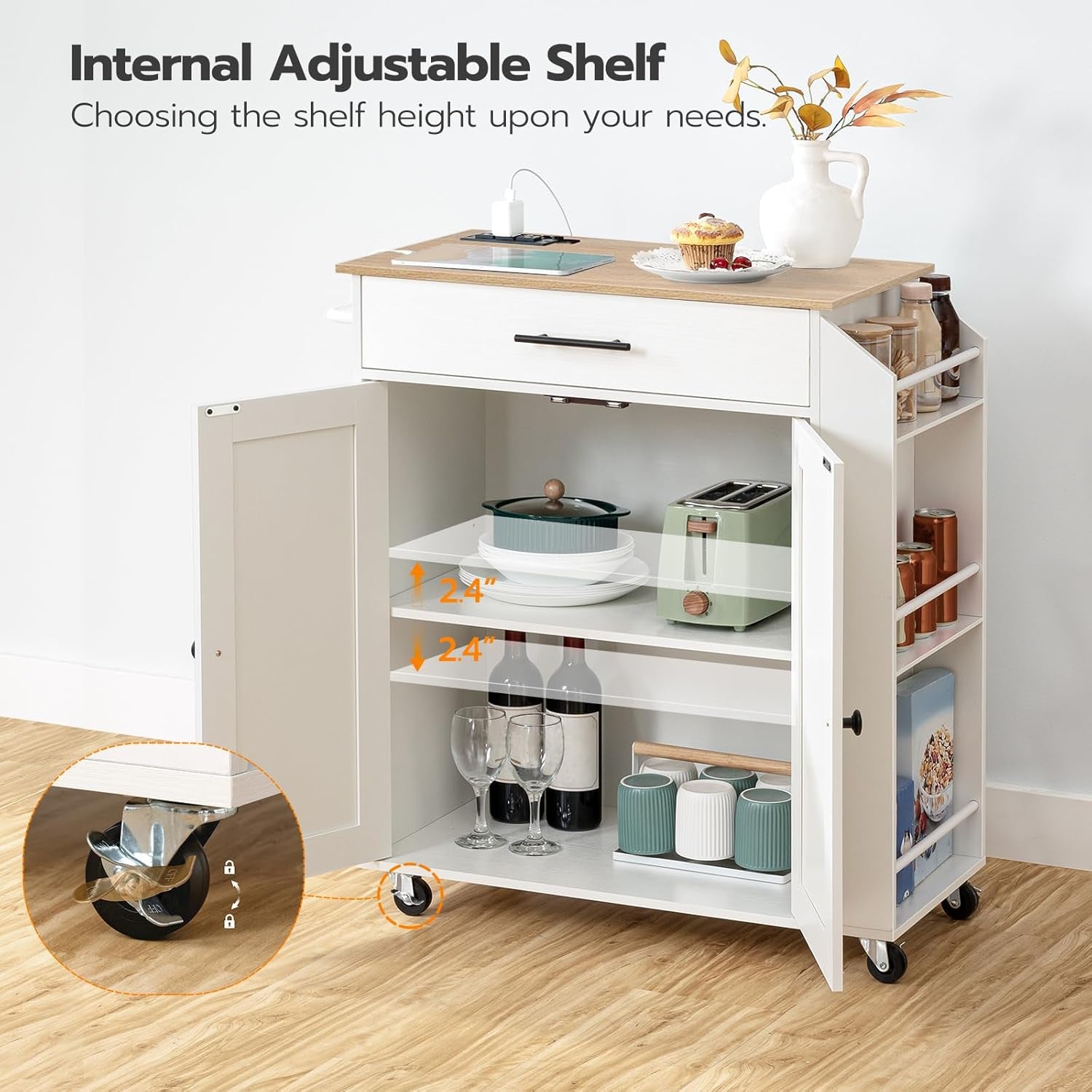 Kitchen Island with Power Outlet, Kitchen Storage Island with Spice Rack and Drawer, Rolling Kitchen on Wheels, for Home, Dining Room, Natural and White