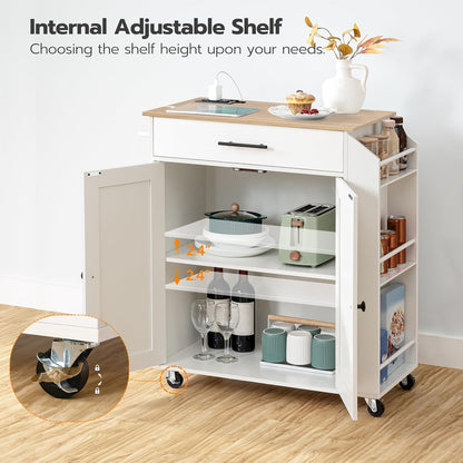 Kitchen Island with Power Outlet, Kitchen Storage Island with Spice Rack and Drawer, Rolling Kitchen on Wheels, for Home, Dining Room, Natural and White
