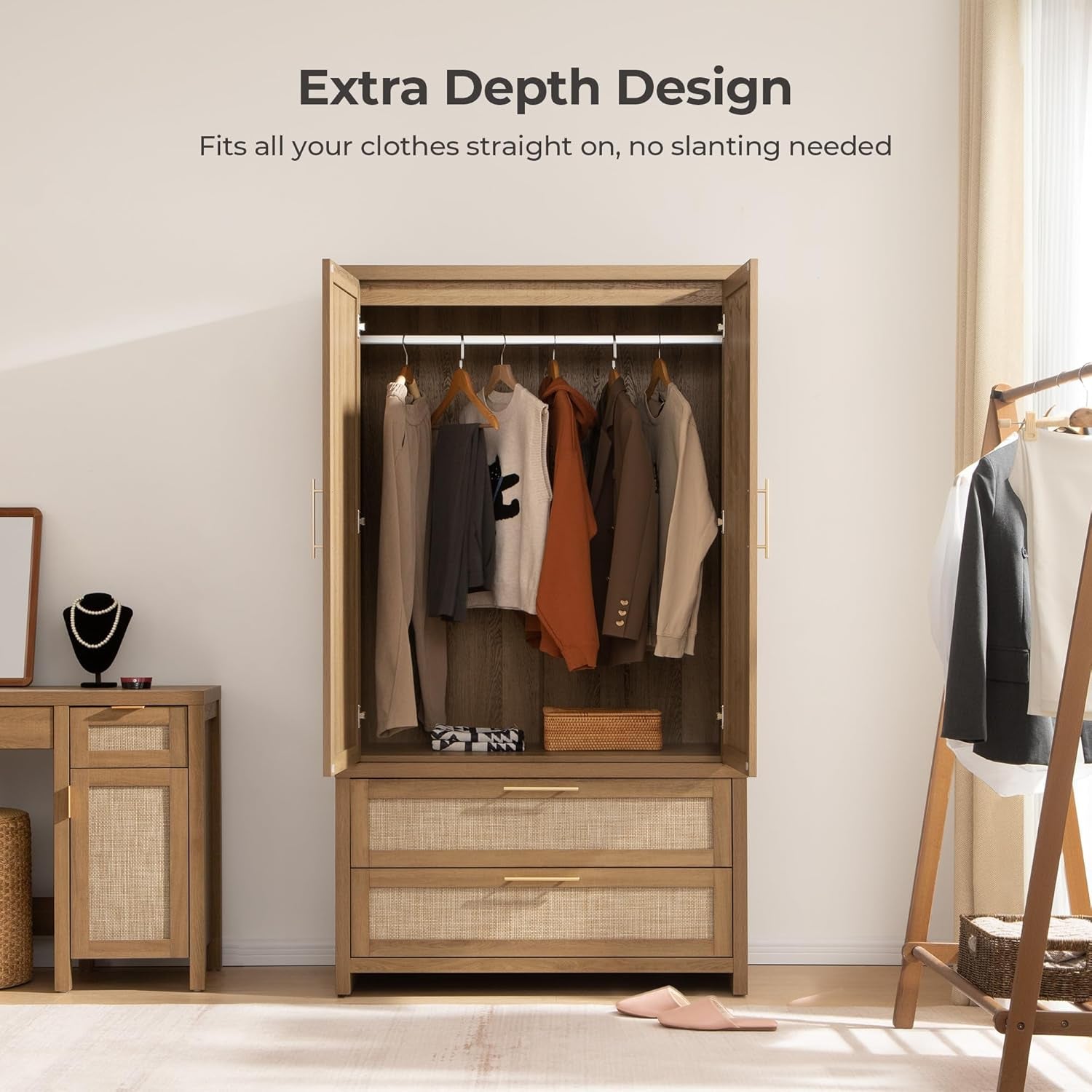 Rattan Armoire Wardrobe Closet Cabinet, 71" Tall Wardrobe Storage Cabinet with 2 Drawers and Hanging Rod, Boho Large-Capacity Deep Armoire Clothes Organizer for Bedroom, Cloak Room, Oak